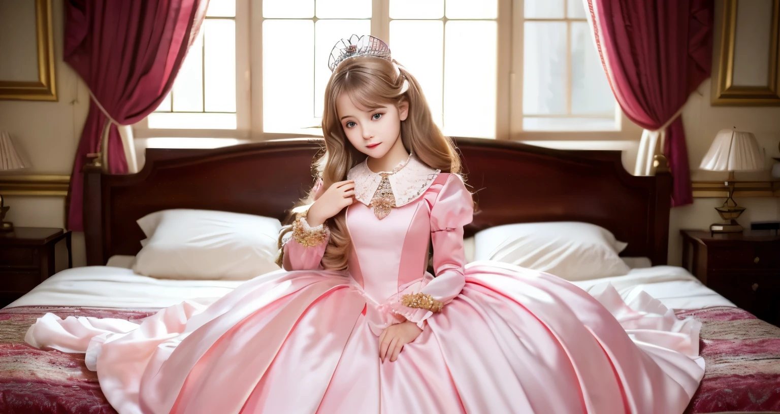 ,highest quality, masterpiece, highest resolution, artwork, super それにget used to it, many get used to it, get used to it, それにget used to it, 3K realistic photos,(()),((10 years old女の子)),Super detailed baby face,She is a princess,Full length ball gown dress with hoop skirt,ruffled yoke collar,puff sleeves,long sleeve,((Lolita style hot pink detailed princess satin dress、Comes with lots of frills and ribbons。)),colorful rococo fashion,shiny satin dress,Soft and smooth fabric,luxury,long blonde hair,blue eyes,white skin european,pajamas,((inside the palace)),,,(( 10 years old)),Super detailed baby face,Full length ball gown dress with hoop skirt,long skirt,ruffled yoke collar,puff sleeves,腰まで伸びるlong blonde hair,blue eyes,white skin european,pajamas,((inside the palace bedroom)),ピンクのシルクサテンのluxuryなcanopy bedの上,canopy bed,Luxurious curtains on both sides of the bed,many frilly pillows on the bed,super detailed background,Detailed bed,romantic atmosphere,little princess is on the bed,hug a pink pillow,((((Both legs are hidden in the dress)))),the dress is spread out on the bed,soft pink silk satin comforter,soft silk satin ruffled pillow,Beautiful girl illustration,detailed beautiful face detailed hair,detailed human eye ,detailed mouth, arm details,fine hands,Detailed pillow,