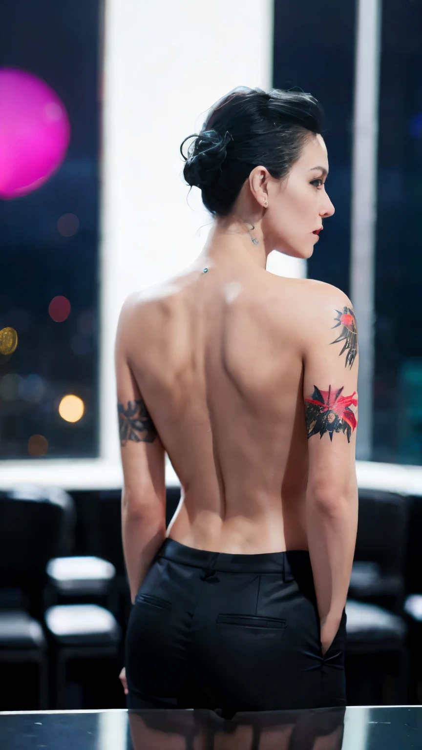 highest quality，masterpiece，8K, Beautiful woman，(Topless)，spider tattoo on back，Black slacks，Mafia women，cyberpunk city，night