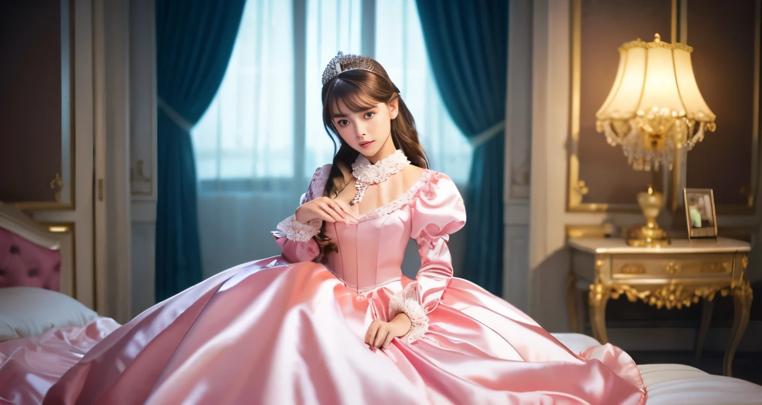 highest quality, masterpiece, highest resolution, artwork, super それにget used to it, many get used to it, get used to it, それにget used to it, romantic,woman, ((10 years old)),the girl is a princess,((dark pink satin fabric)),pink victorian dress, ((Gorgeous princess rococo ball gown dress with voluminous full-length hoop skirt)),long sleeve,long dress,A dress with lots of frills and ribbons...,luxury,((Palace bedroom)),((Huge Victorian canopy bed at the back)),