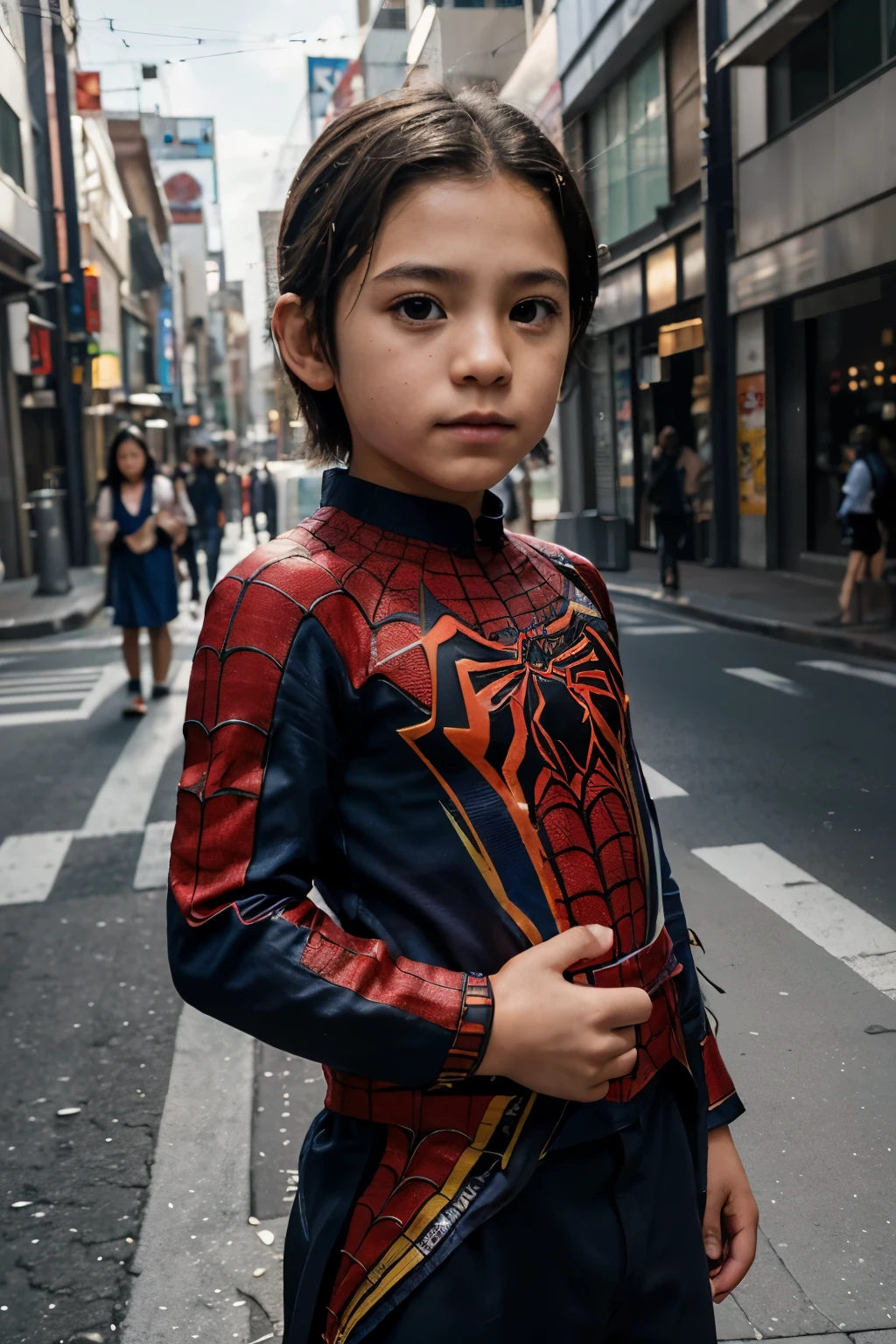 obra de arte, melhor qualidade, 8k, Photographic reality, realista, Octane rendering, Japan's busy urban streets (1 a : 1.4), (Just a kid on the screen: 1.3), (camisa branca), (longos cabelos dourados), (traje do spiderman), (olhos azuis) Upper body display