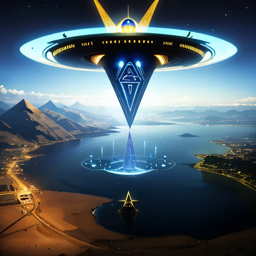 Eye of horus and ra subterfuged together as they hover above a futuristic version of the nile river with pyramids and sand in the distance blurred by the hovering of an alien space craft
Duper futuristic scene