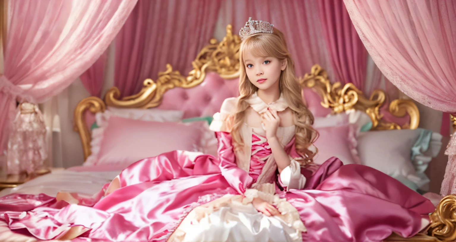 ,highest quality, masterpiece, highest resolution, artwork, super それにget used to it, many get used to it, get used to it, それにget used to it, 3K realistic photos,(()),((女の子)),Super detailed baby face,She is a princess,Full length ball gown dress with hoop skirt,ruffled yoke collar,puff sleeves,long sleeve,((Lolita style pink detailed princess satin dress、Comes with lots of frills and ribbons。)),colorful rococo fashion,shiny satin dress,Soft and smooth fabric,luxury,long blonde hair,blue eyes,white skin european,pajamas,((inside the palace)),,,(( 10 years old)),Sd baby face,Full length ball gown dress with hoop skirt,long skirt,ruffled yoke collar,puff sleeves,腰まで伸びるlong blonde hair,blue eyes,white skin european,pajamas,((inside the palace bedroom)),ピンクのシルクサテンのluxuryなcanopy bedの上,canopy bed,Luxurious curtains on both sides of the bed,many frilly pillows on the bed,super detailed background,Detailed bed,romantic atmosphere,little princess is on the bed,hug a pink pillow,((((Both legs are hidden in the dress)))),the dress is spread out on the bed,soft pink silk satin comforter,soft silk satin ruffled pillow,Beautiful girl illustration,detailed beautiful face detailed hair,detailed human eye ,detailed mouth, arm details,fine hands,Detailed pillow,