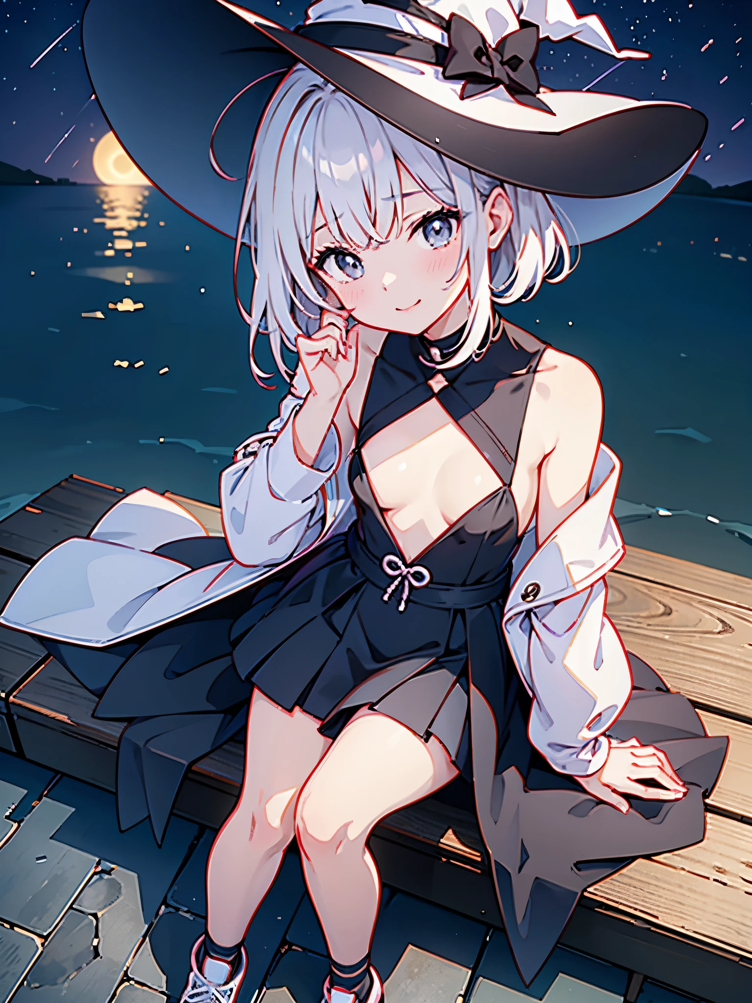 ここはlate nightの他のビルより高い高層ビルの屋上にある露天風呂の温泉です、midnight、this is a city、You can see a lot of low buildings behind you、Photograph her from above、late night、Small moon and starry sky、You can see the beautiful sea with the moonlight reflecting in the distance.、One 27-year-old woman with small breasts、She wears a large black witch hat with sapphire accessories、White medium shorthair with blue-purple mesh、Pure white lobbed hair、Dark brown eyes with highlights、She wears a white swimsuit、She wears a long black coat over a white bikini top、The front of the black long coat is open、She wears a black skirt、black knee-length box pleat skirt、Black sneakers with white shoelaces、small breasts、modest chest、A fragile smile、High quality、high detail、high resolution、4K quality、beautiful background,drawn by Japanese ilastrator
