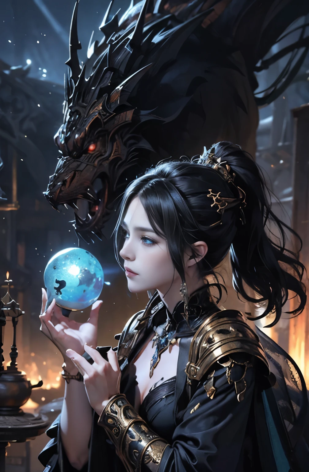 Encounter with the black dragon of the abyss, huge black dragon, red eyed black dragon, 4K fantasy art, by Jan J., fantasy art style, 2. 5d cgi anime fantasy artwork, epic fantasy art style hd, Epic fantasy digital art style, detailed fantasy art, Detailed digital 2D fantasy art, Ruan Jia and Artgerm, 8K fantasy art, sharp outline, extremely detailed and beautiful eyes, blue eyes without pupils, beautiful blue eyes, quite beautiful face, Rin々Looks, Valhalla, unparalleled beauty, master piece, best quality, perfect angle, perfect composition, best shot, official art, cinematic light, very beautiful and fantastic scenery, chivalry dream, Sense of presence, Michael Letter, Christoph Huge 、super detailed paintings, luminism, art by Carne Griffiths and what a bone concept art, 4K resolution, fractal isometricdetailbioluminescence , 3D rendering, octane rendering, intricately detailed , cinematic, Trendy isometric-centered surreal cover photo at Art Station, awesome full color, hand drawn, Defining a hit , cinematic,fantastic background, abstract beauty,stand, approaching perfection, pure form, golden ratio, minimalistic, concept art, Written by Brian Froud、Khan Griffith、what a bone、john william waterhouse, intricate details, 8K post production, High resolution, hyper detail, Trending with ArtStation, studio photography, intricate details, very detailed, Written by Greg Rutkowski, Encounter with a monster