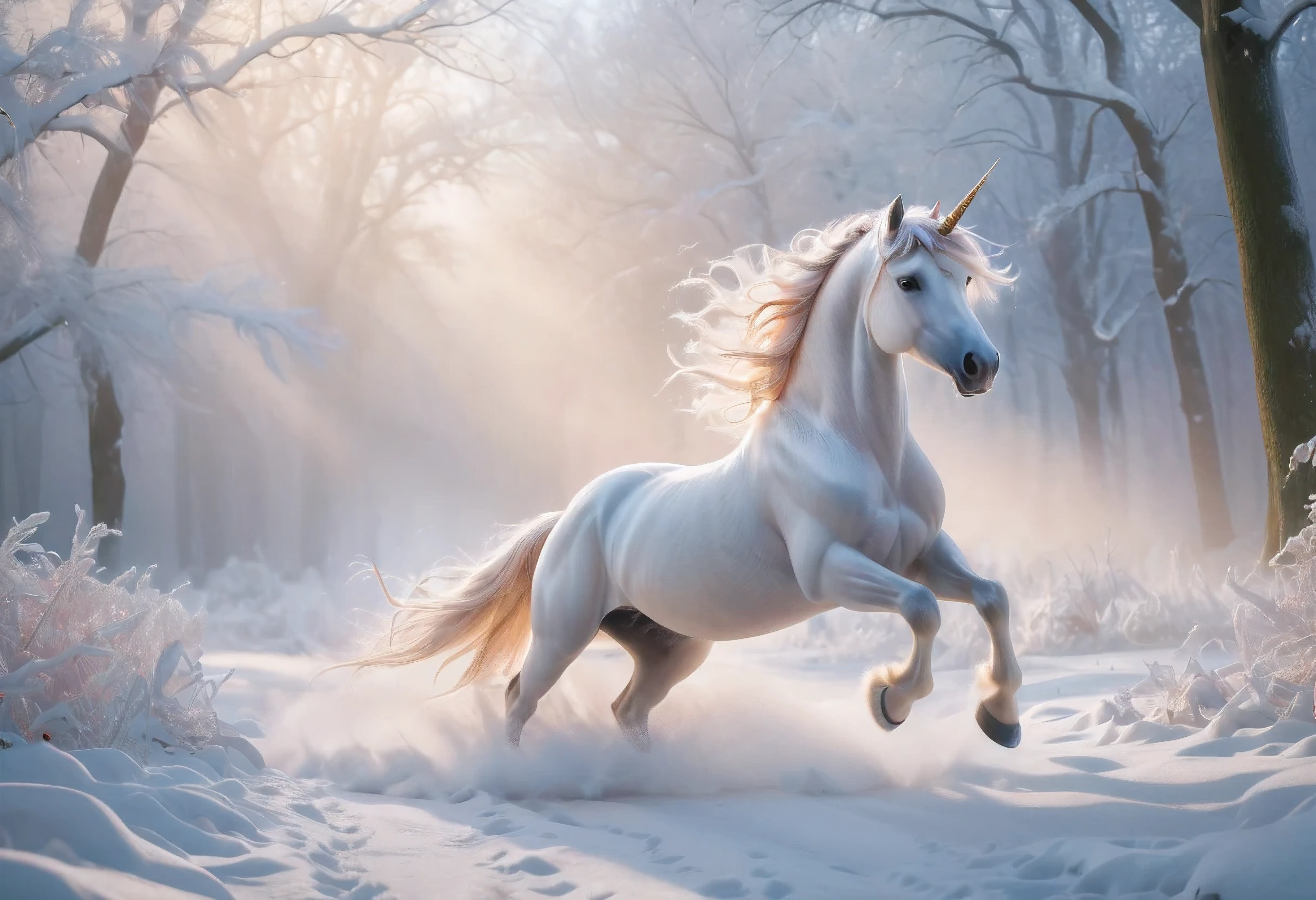 (best quality,4k,8k,highres,masterpiece:1.2),ultra-detailed,(realistic,photorealistic,photo-realistic:1.37),wide shot,magical unicorn,galloping,field of snow,snow splashes,pretty female,maiden robe,riding,sparkling snowflakes,vibrant colors,ethereal atmosphere,soft lighting,enchanted forest background,fairy tale vibes,graceful movement,whimsical,mythical creature,joyful expression,beautiful mane and tail,peaceful and serene,unforgettable winter scene
