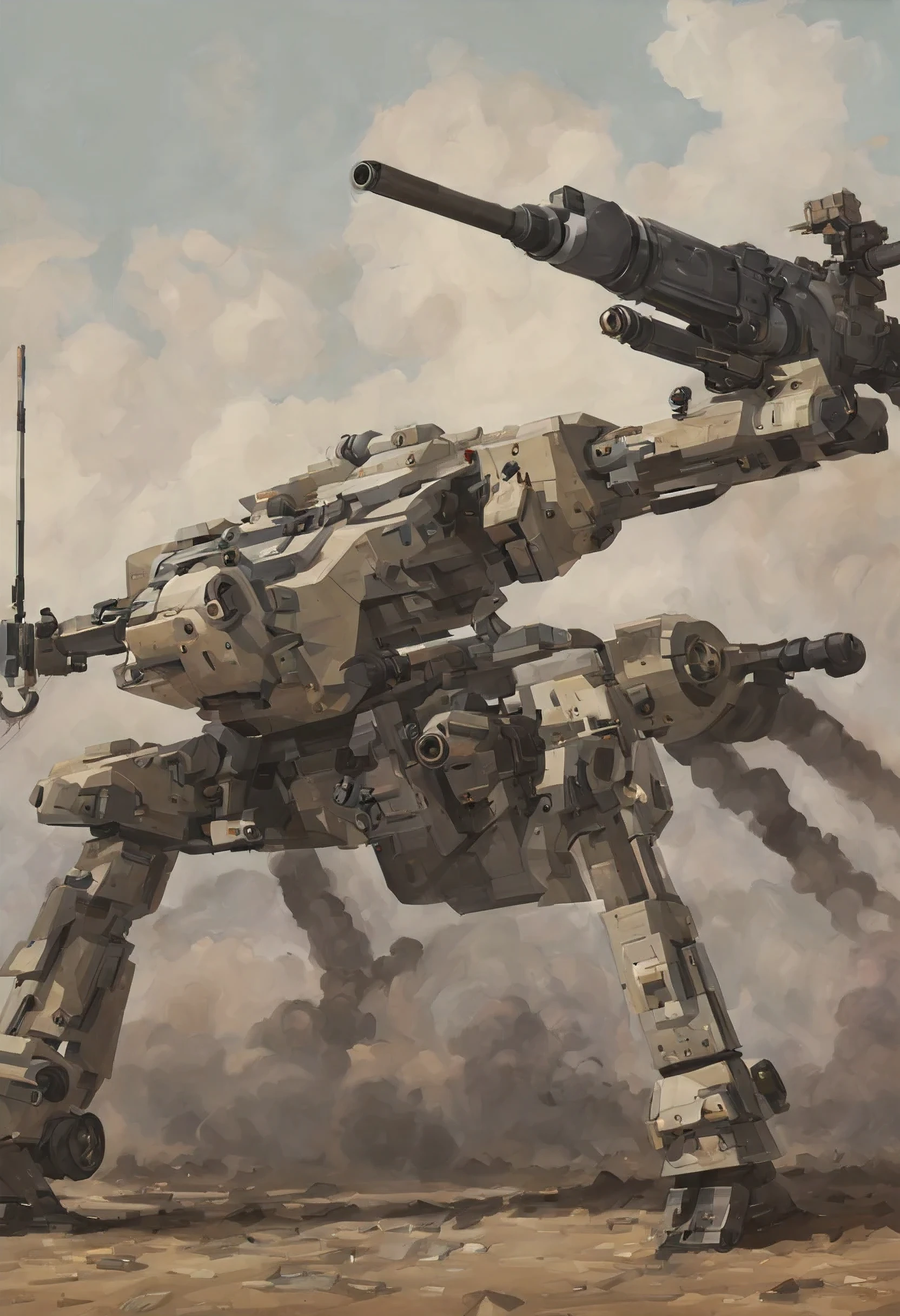 4 feet, multiple legs, Large robot, war, machine gun, cannons