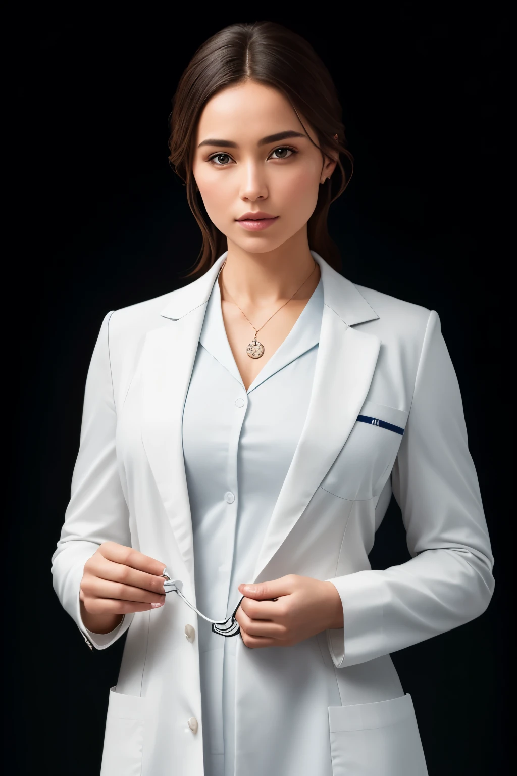 A captivating close-up image of a woman wearing a pristine white doctor's suit, delicately clasping a stethoscope against her chest. This masterpiece boasts exquisite details, with hair texture so intricate it seems touchable, and skin texture that mirrors real human pores. The clothes' fabric details are ultra-detailed, revealing each crease and fold with astounding clarity. This high-quality, 8k photograph showcases an ultra-detailed, hyper-realistic representation, promising a mesmerizing visual experience.