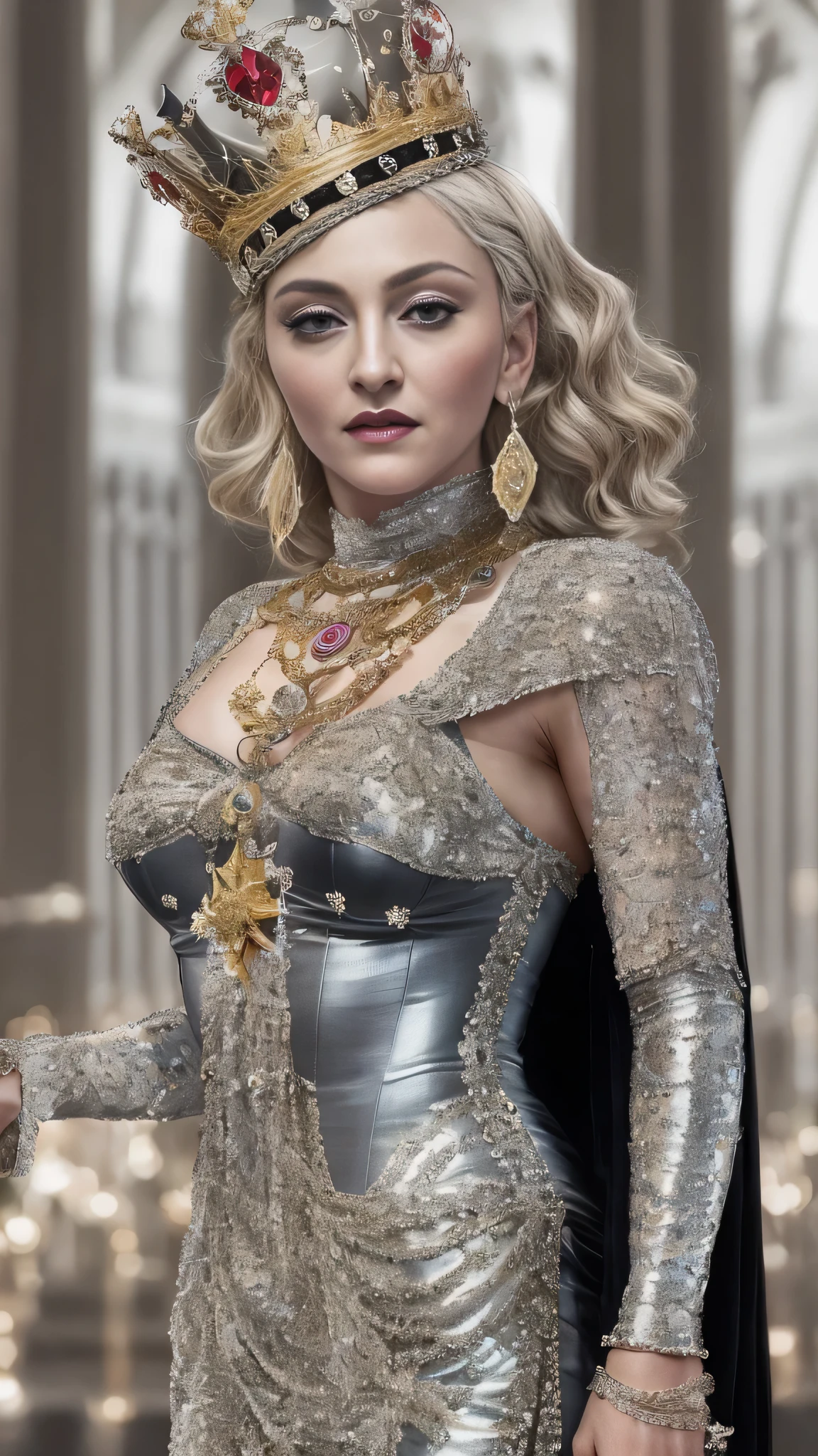 Madonna , (photorealistic: 1.4) (ultra-detailed) (full body), crown, popstar, movie scene (black), sparkles, splendor, wealth, nobility, king and queen