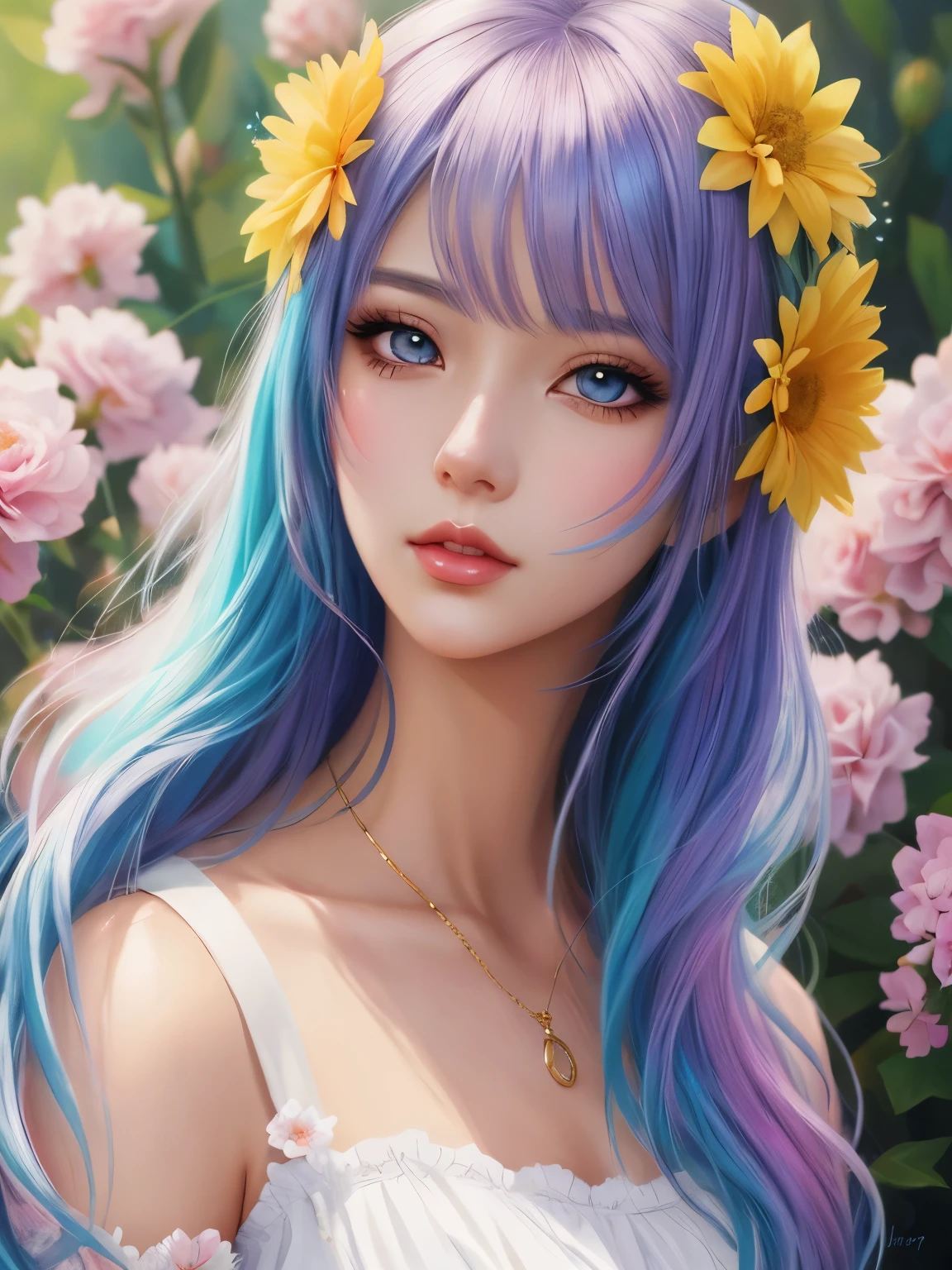 Close-up of a woman with curled hair and flowers in her iridescent hair, fantasy art style, artgerm colorful!!!, anime style 4k, cute realistic portrait, colorful digital fantasy art, beautiful anime portrait, beautiful anime art style, realistic anime art style,
