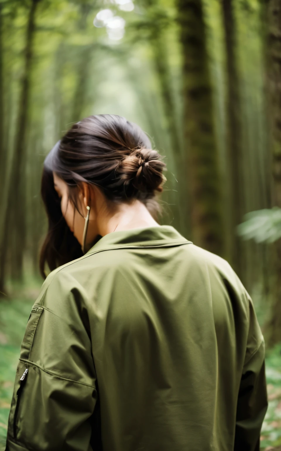 rain,camp,olive tent,Beautiful woman,back view,khaki long sleeve shirt,cool,in the forest,I can't see my face、ponytail,