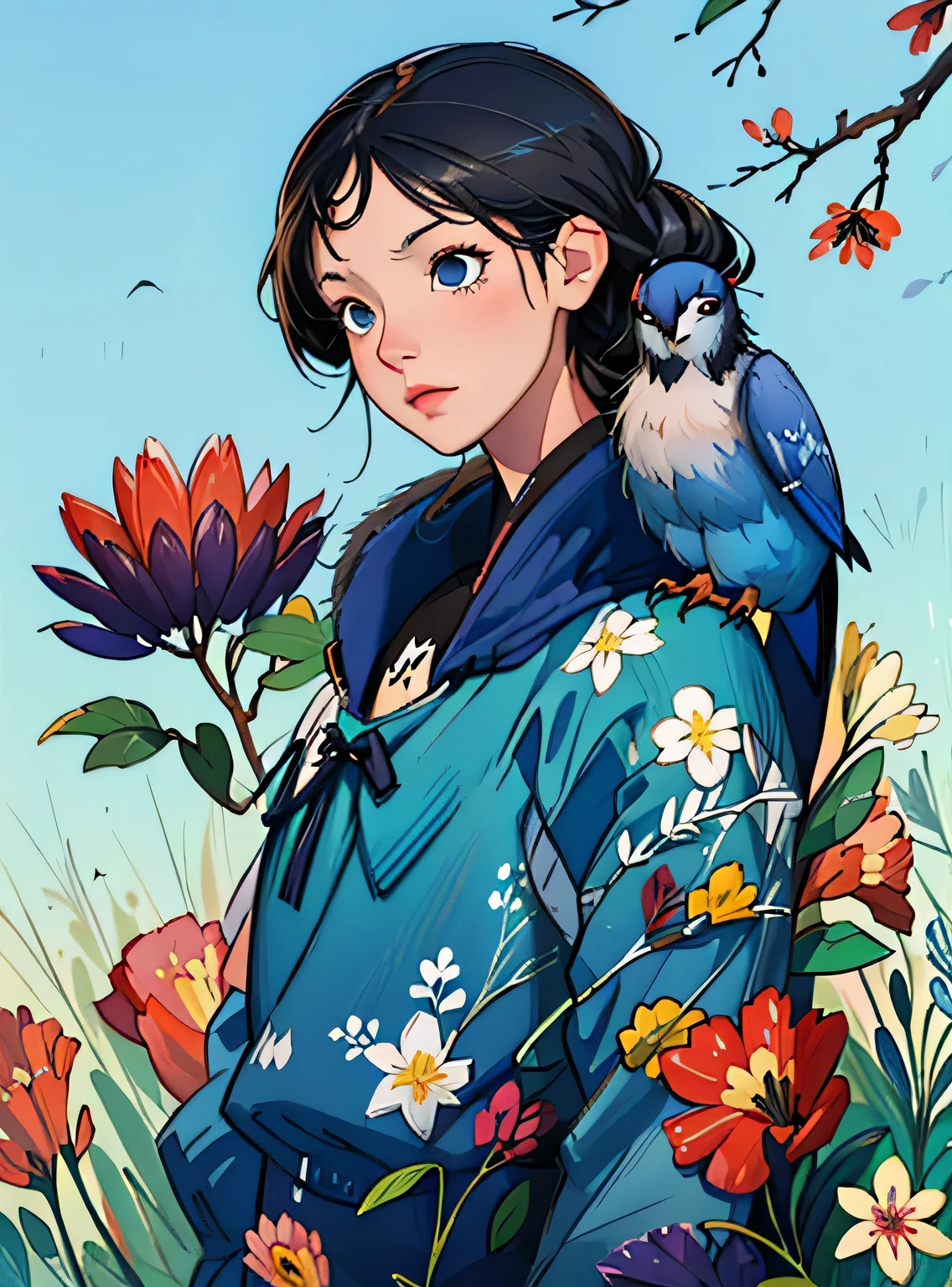 adorable blue jay in a tree covered in flowers, Greg Rutkowski, uau, Android Jones, Moinhos Russ, James Jean, Sui Ishida, Edwin Landseer, Eduardo Paolozzi, Polychromatic, ultra_detalhado, ultra_qualidade, sociedade cg, intricately detalhado, profundidade de cor, perfect composition, adorable blue jay in a tree covered in flowers