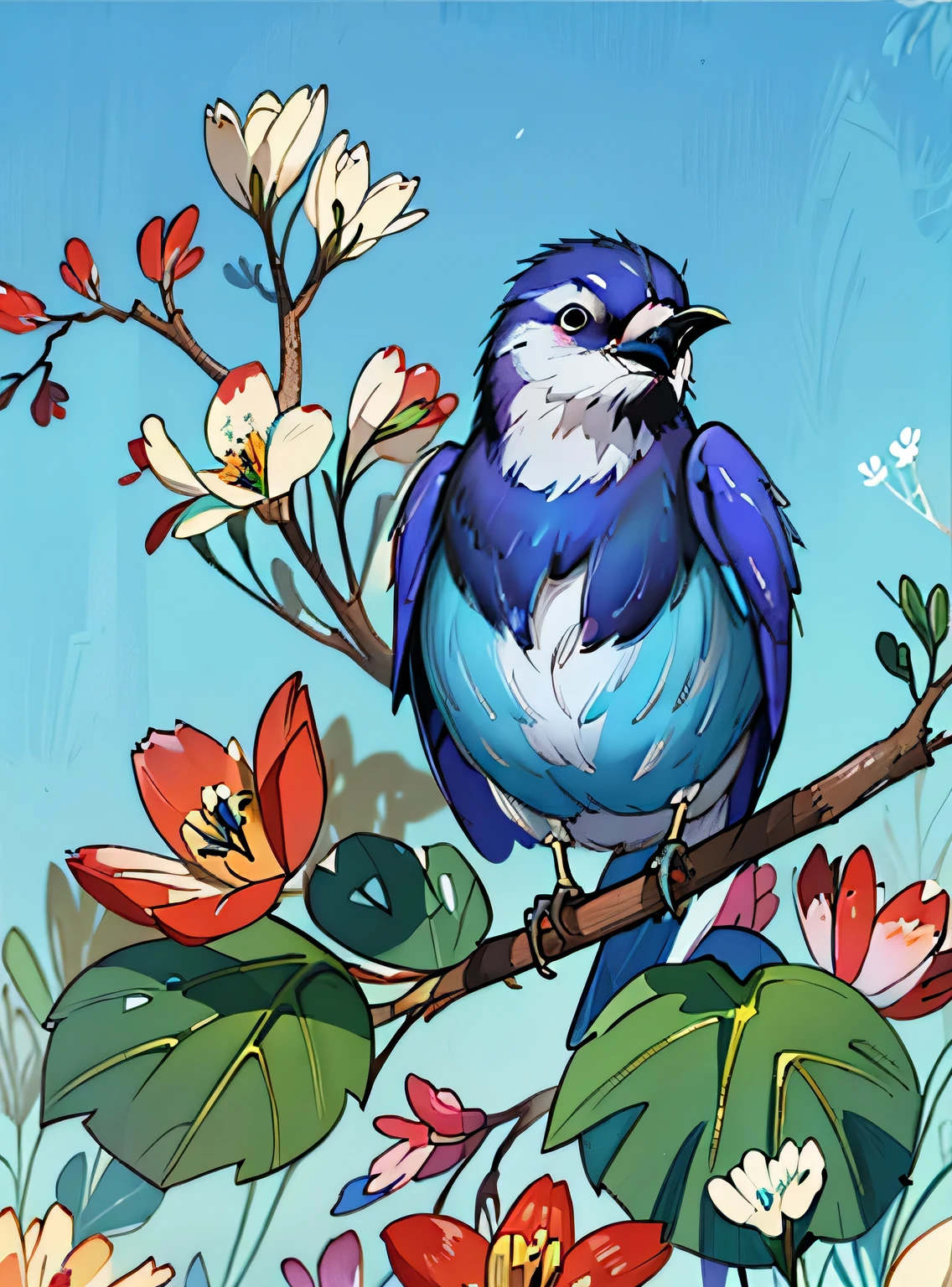 adorable blue jay in a tree covered in flowers, Greg Rutkowski, uau, Android Jones, Moinhos Russ, James Jean, Sui Ishida, Edwin Landseer, Eduardo Paolozzi, Polychromatic, ultra_detalhado, ultra_qualidade, sociedade cg, intricately detalhado, profundidade de cor, perfect composition, adorable blue jay in a tree covered in flowers