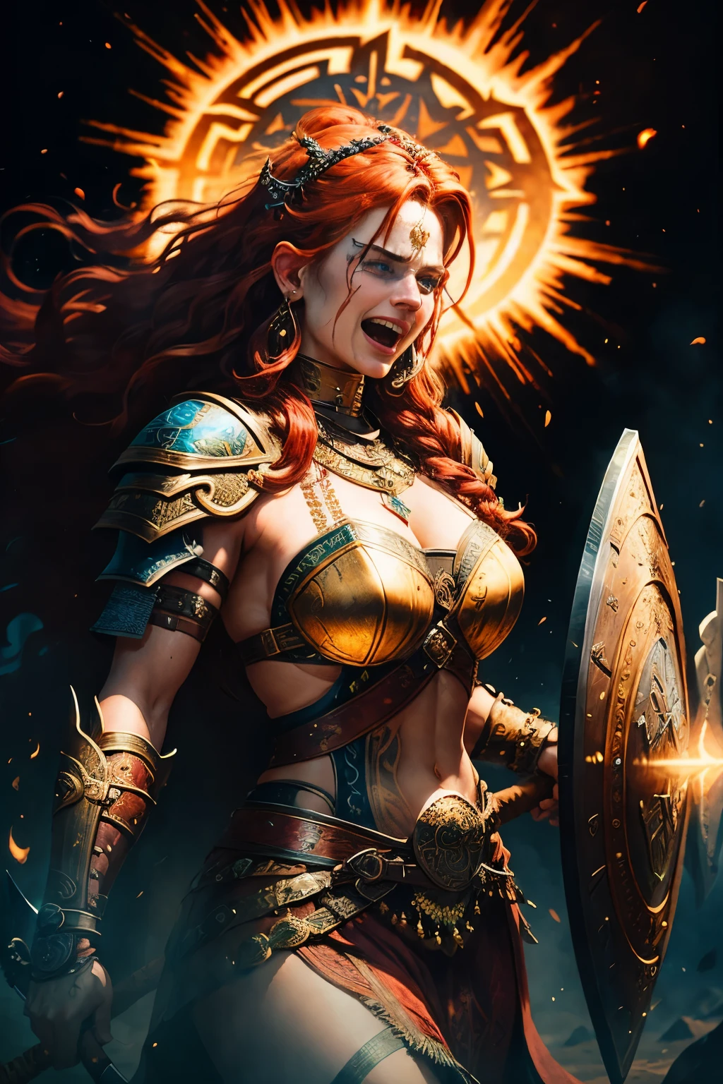 In this intricately detailed masterpiece, a female Viking warrior comes to life before your eyes. She stands boldly with her long, fiery red hair cascading down her back, revealing the meticulously painted war marks adorning her perfect face. Her piercing blue eyes gaze intently into the distance with a fierce determination, complemented by her menacing, cruelly laughing expression.
Equipped with a battle-worn battle axe and a shield adorned with intricate gold etching, she exudes an aura of power and strength. The sun's golden rays reflect off her metal armor, highlighting every curve and contour of her muscular body. Draped in