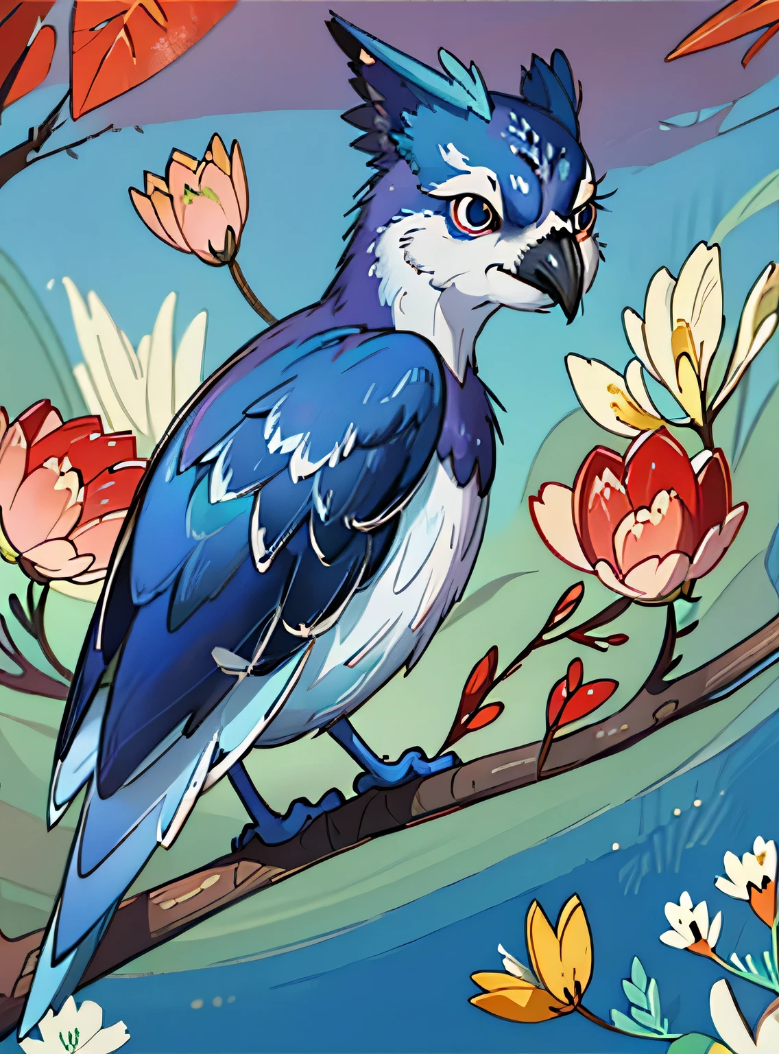 adorable blue jay in a tree covered in flowers, Greg Rutkowski, uau, Android Jones, Moinhos Russ, James Jean, Sui Ishida, Edwin Landseer, Eduardo Paolozzi, Polychromatic, ultra_detalhado, ultra_qualidade, sociedade cg, intricately detalhado, profundidade de cor, perfect composition, adorable blue jay in a tree covered in flowers