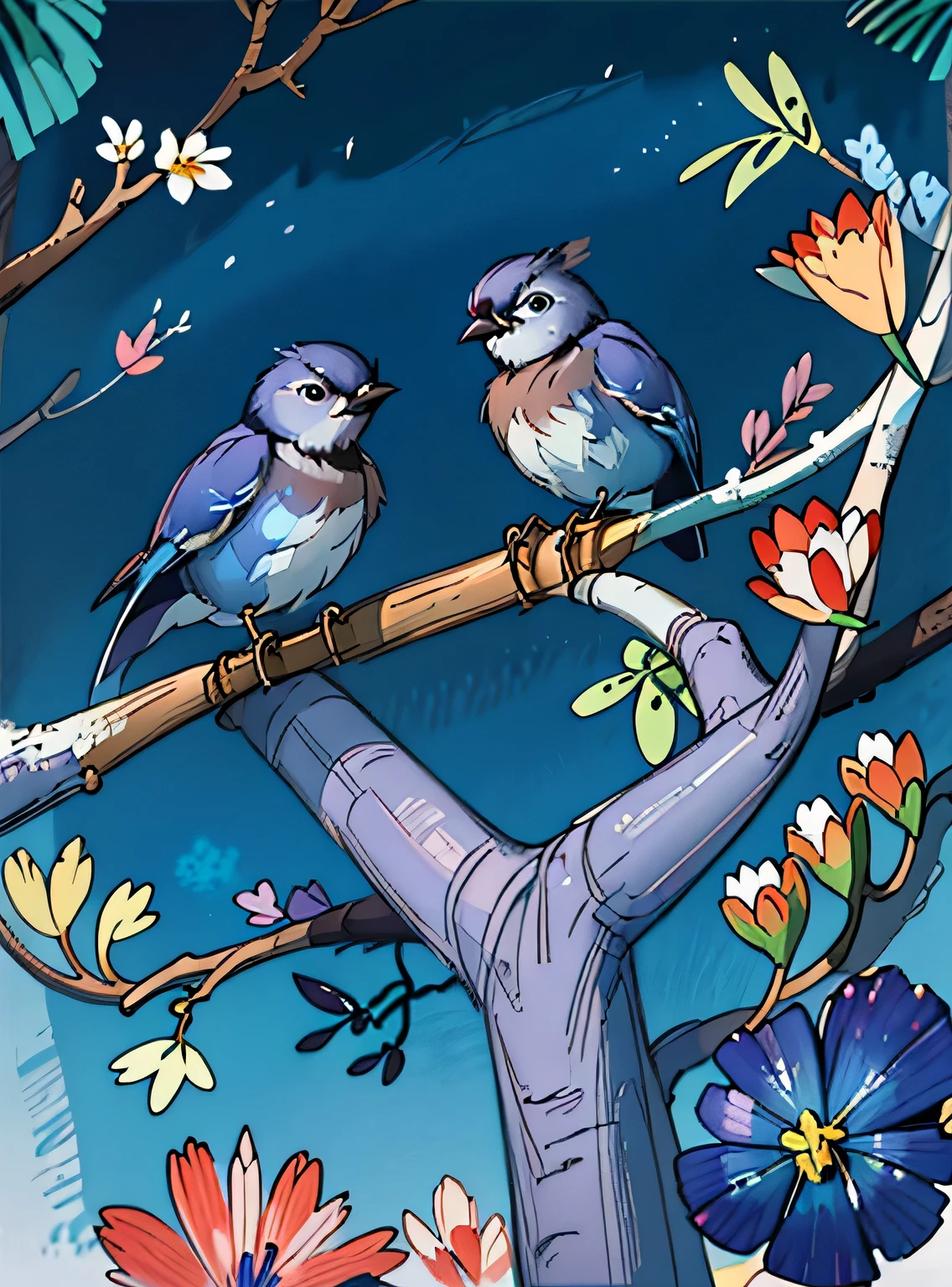 adorable blue jay in a tree covered in flowers, Greg Rutkowski, uau, Android Jones, Moinhos Russ, James Jean, Sui Ishida, Edwin Landseer, Eduardo Paolozzi, Polychromatic, ultra_detalhado, ultra_qualidade, sociedade cg, intricately detalhado, profundidade de cor, perfect composition, adorable blue jay in a tree covered in flowers