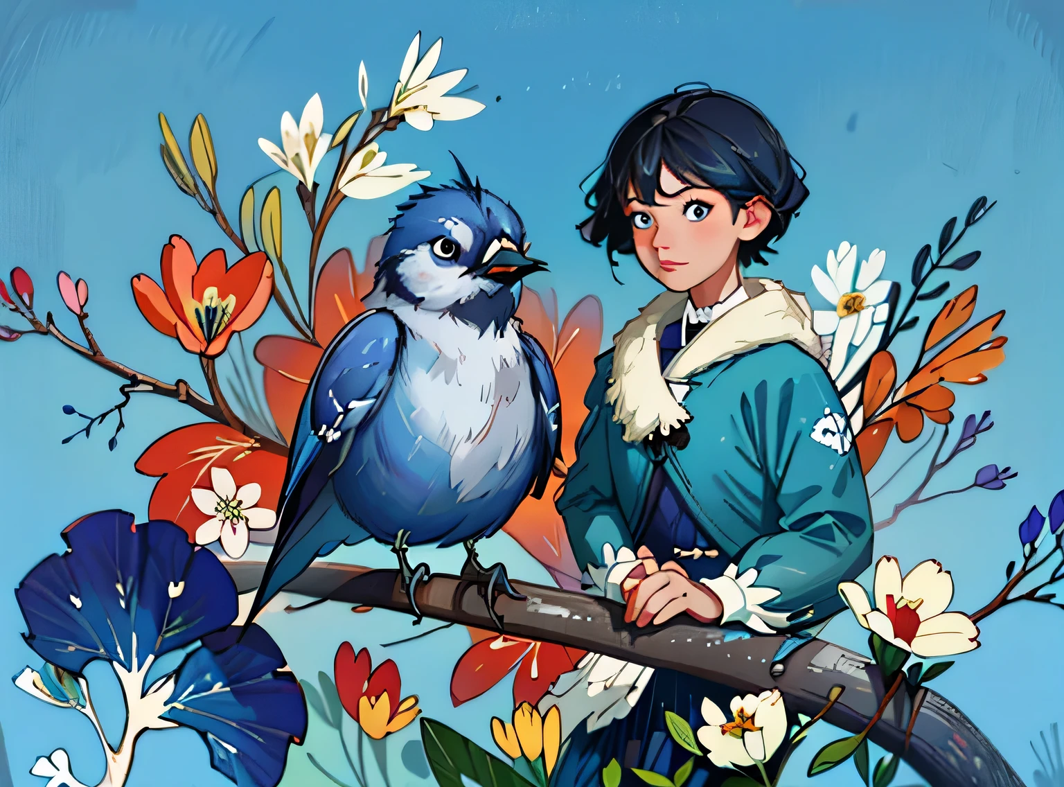 adorable blue jay in a tree covered in flowers, Greg Rutkowski, uau, Android Jones, Moinhos Russ, James Jean, Sui Ishida, Edwin Landseer, Eduardo Paolozzi, Polychromatic, ultra_detalhado, ultra_qualidade, sociedade cg, intricately detalhado, profundidade de cor, perfect composition, adorable blue jay in a tree covered in flowers