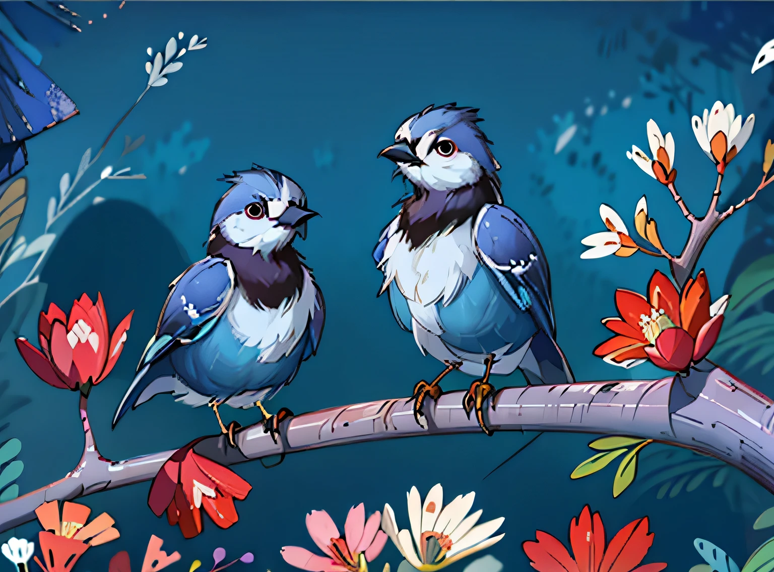 adorable blue jay in a tree covered in flowers, Greg Rutkowski, uau, Android Jones, Moinhos Russ, James Jean, Sui Ishida, Edwin Landseer, Eduardo Paolozzi, Polychromatic, ultra_detalhado, ultra_qualidade, sociedade cg, intricately detalhado, profundidade de cor, perfect composition, adorable blue jay in a tree covered in flowers