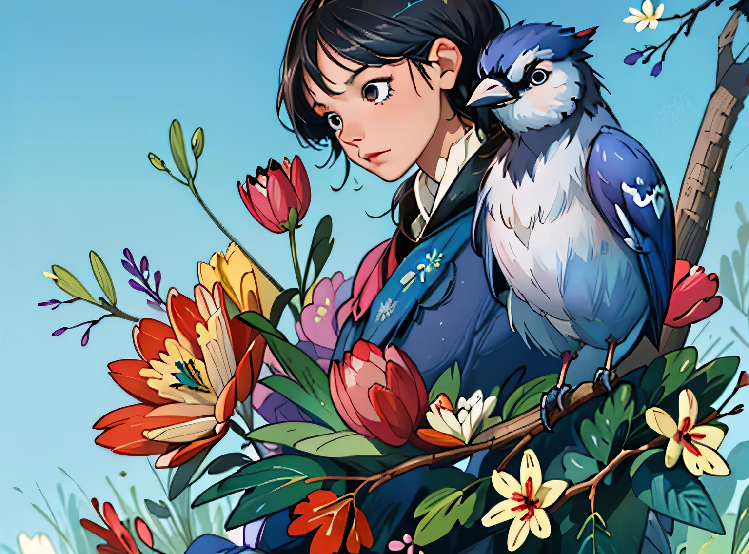 adorable blue jay in a tree covered in flowers, Greg Rutkowski, uau, Android Jones, Moinhos Russ, James Jean, Sui Ishida, Edwin Landseer, Eduardo Paolozzi, Polychromatic, ultra_detalhado, ultra_qualidade, sociedade cg, intricately detalhado, profundidade de cor, perfect composition, adorable blue jay in a tree covered in flowers