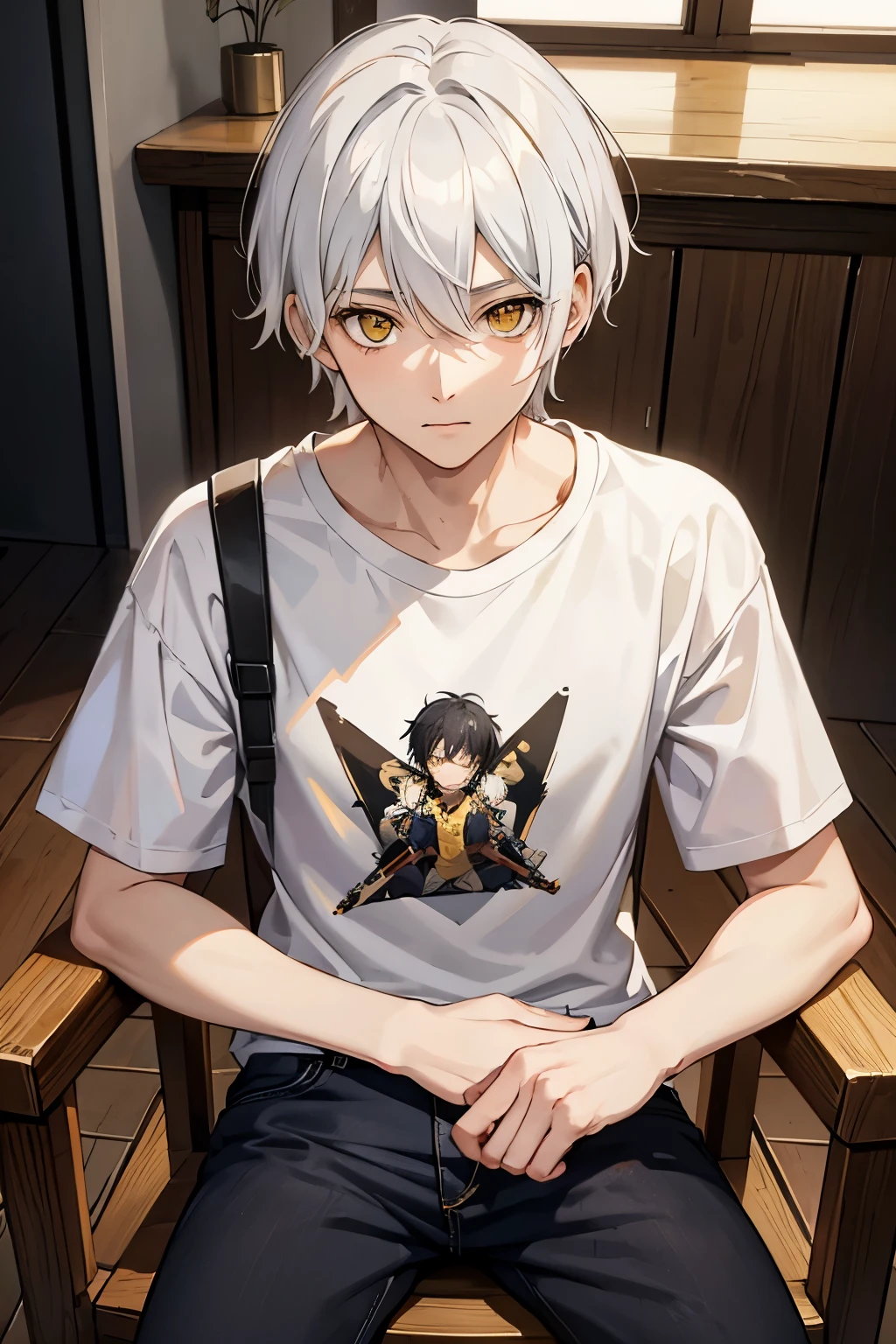 realistic anime, Young boy with white hair, yellow eyes, wearing a t-shirt, sitting on a wooden chair smiling sweetly, 4k quality, realistic, HD quality