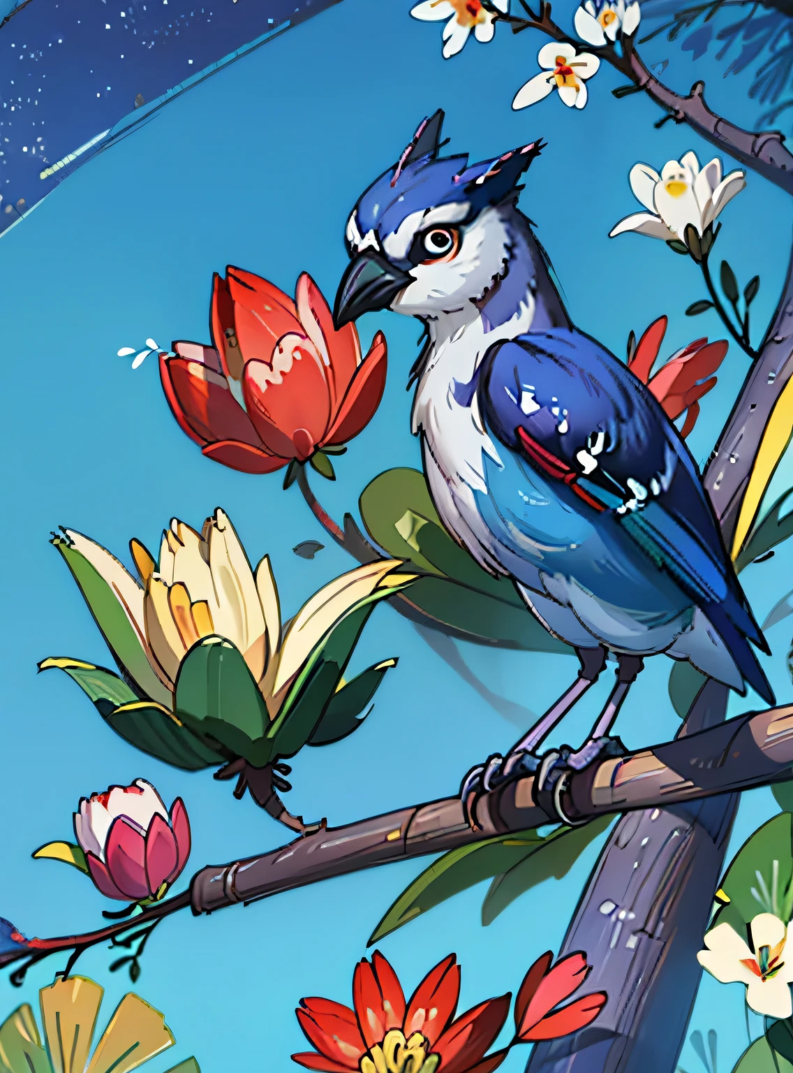 adorable blue jay in a tree covered in flowers, Greg Rutkowski, uau, Android Jones, Moinhos Russ, James Jean, Sui Ishida, Edwin Landseer, Eduardo Paolozzi, Polychromatic, ultra_detalhado, ultra_qualidade, sociedade cg, intricately detalhado, profundidade de cor, perfect composition, adorable blue jay in a tree covered in flowers