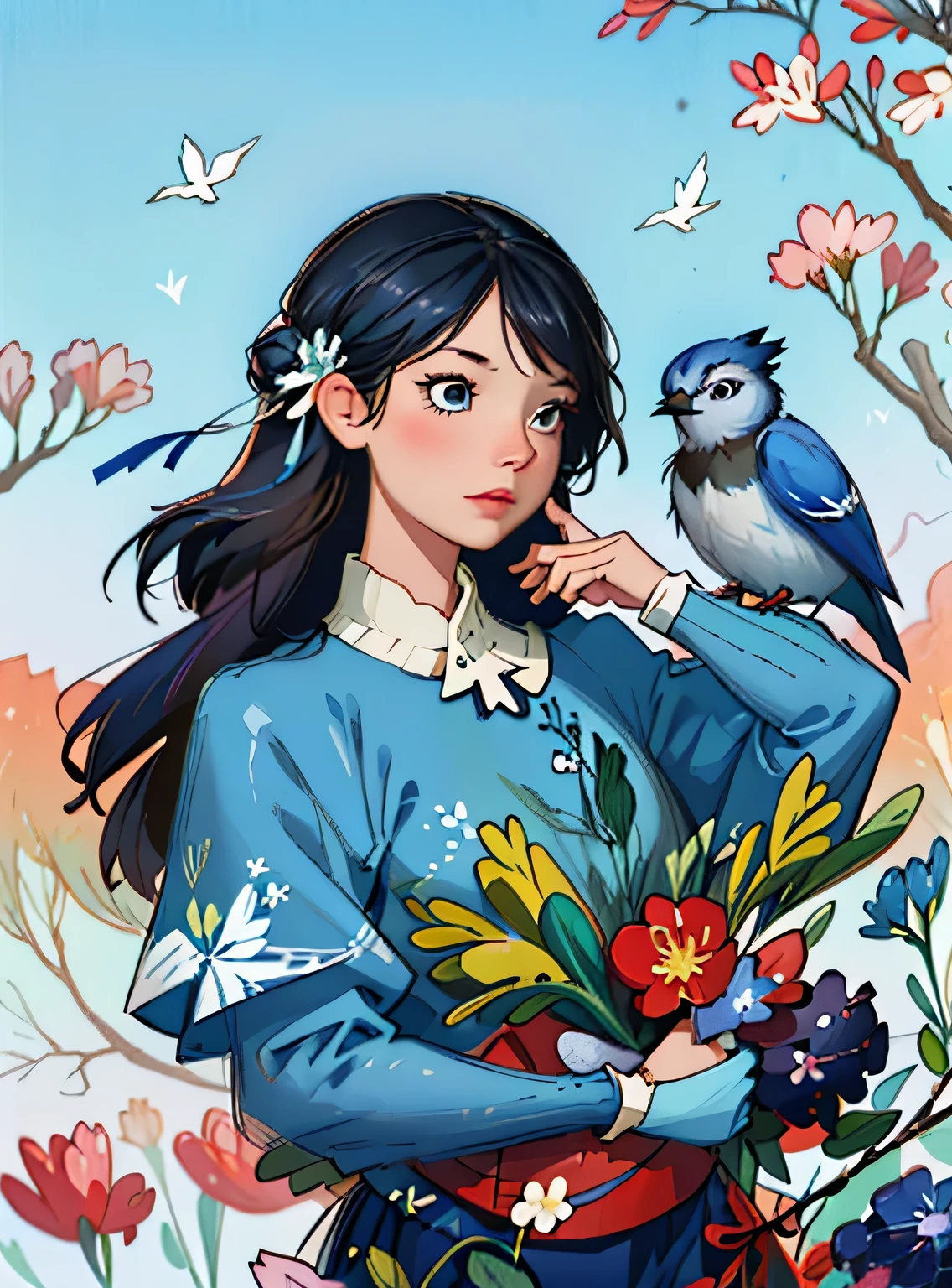 adorable blue jay in a tree covered in flowers, Greg Rutkowski, uau, Android Jones, Moinhos Russ, James Jean, Sui Ishida, Edwin Landseer, Eduardo Paolozzi, Polychromatic, ultra_detalhado, ultra_qualidade, sociedade cg, intricately detalhado, profundidade de cor, perfect composition, adorable blue jay in a tree covered in flowers