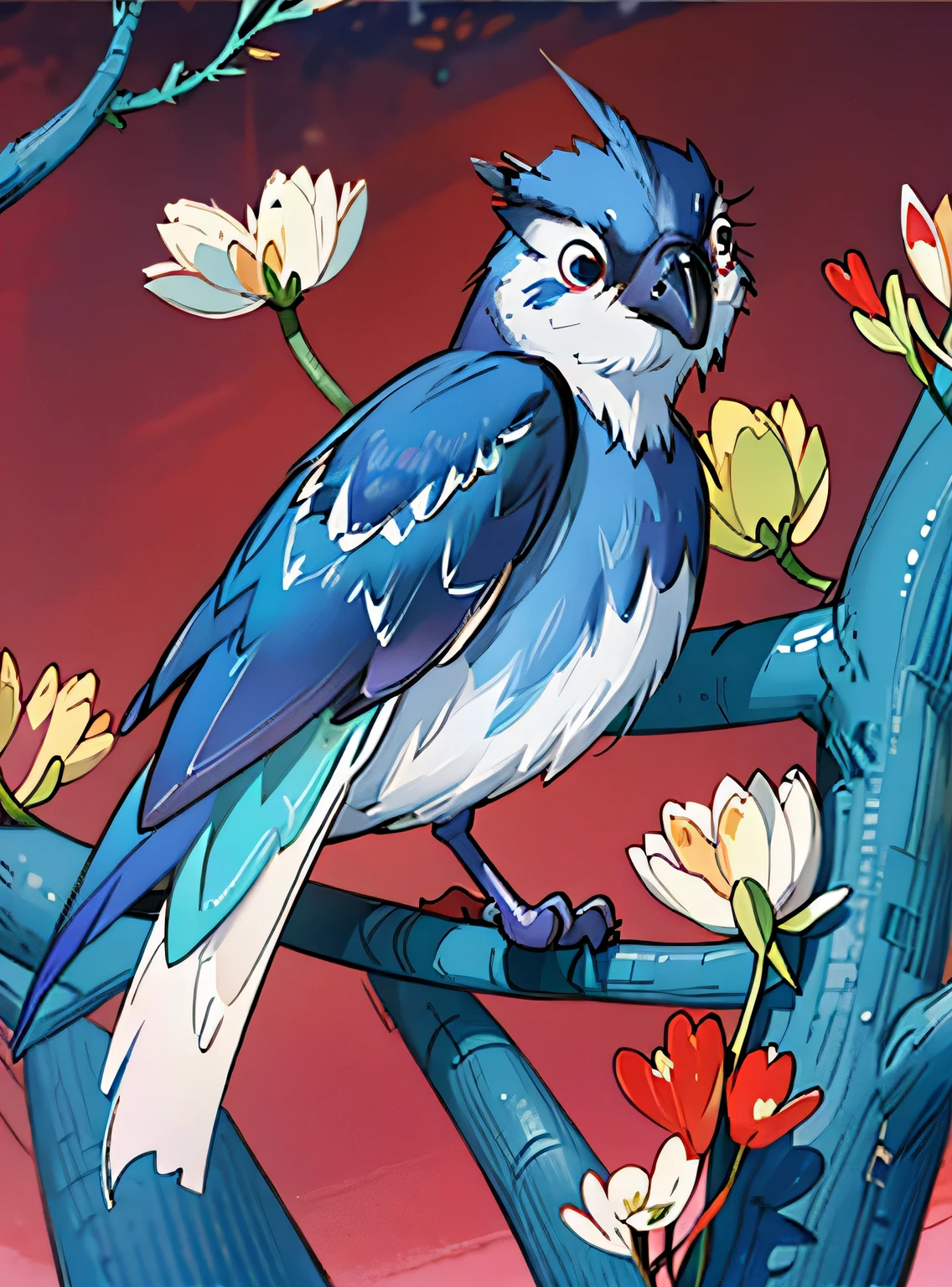 adorable blue jay in a tree covered in flowers, Greg Rutkowski, uau, Android Jones, Moinhos Russ, James Jean, Sui Ishida, Edwin Landseer, Eduardo Paolozzi, Polychromatic, ultra_detalhado, ultra_qualidade, sociedade cg, intricately detalhado, profundidade de cor, perfect composition, adorable blue jay in a tree covered in flowers