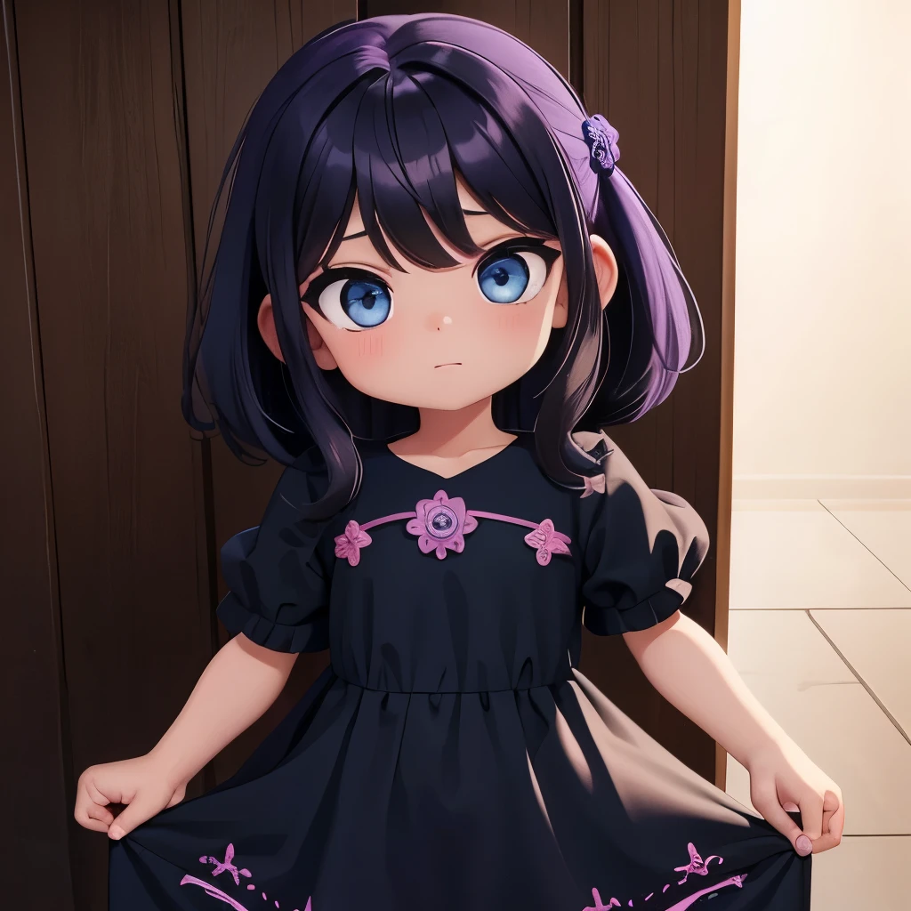 5--old l , ojos negros , pelo morado , vestido azul claro .