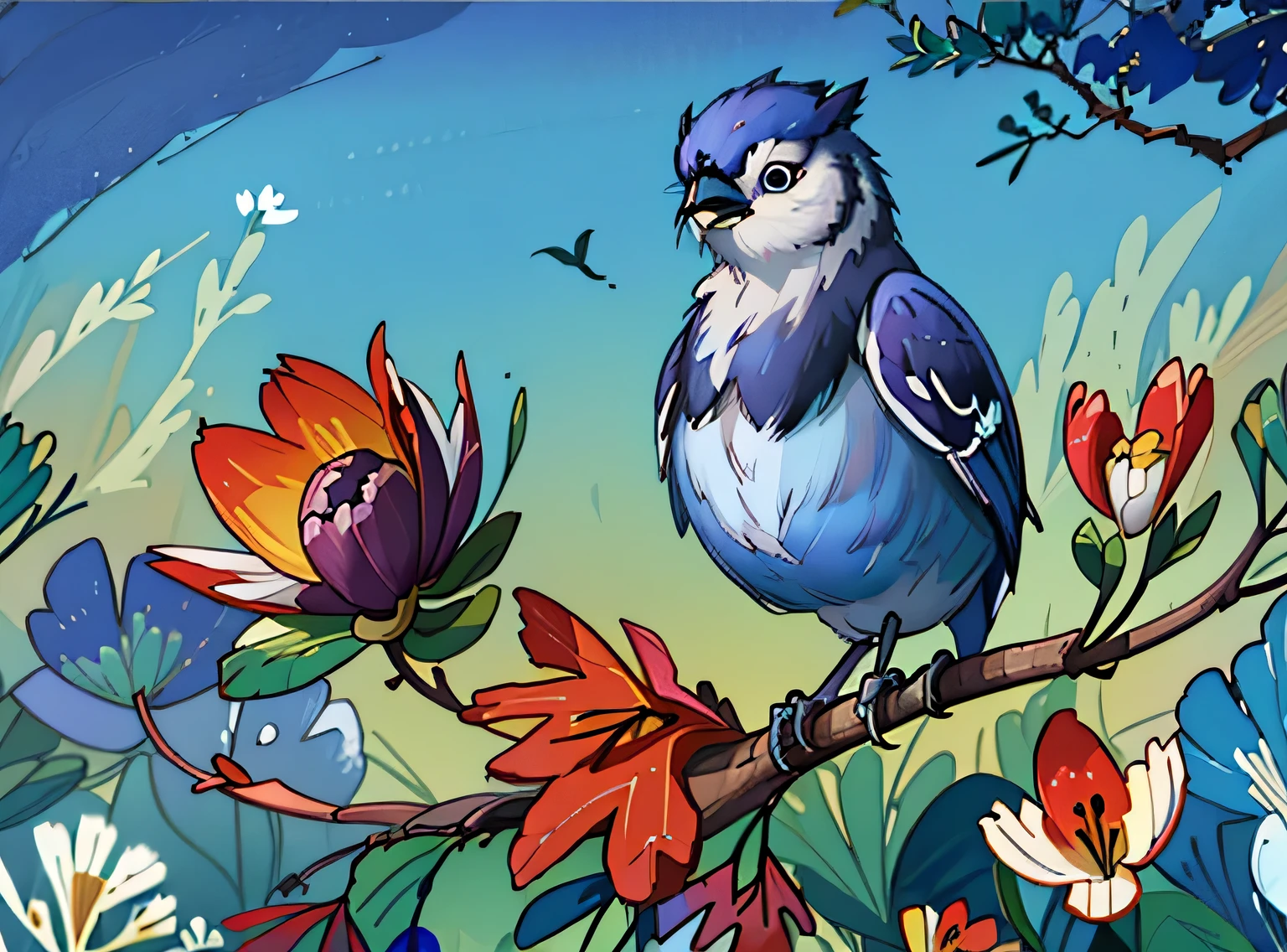 adorable blue jay in a tree covered in flowers, Greg Rutkowski, uau, Android Jones, Moinhos Russ, James Jean, Sui Ishida, Edwin Landseer, Eduardo Paolozzi, Polychromatic, ultra_detalhado, ultra_qualidade, sociedade cg, intricately detalhado, profundidade de cor, perfect composition, adorable blue jay in a tree covered in flowers