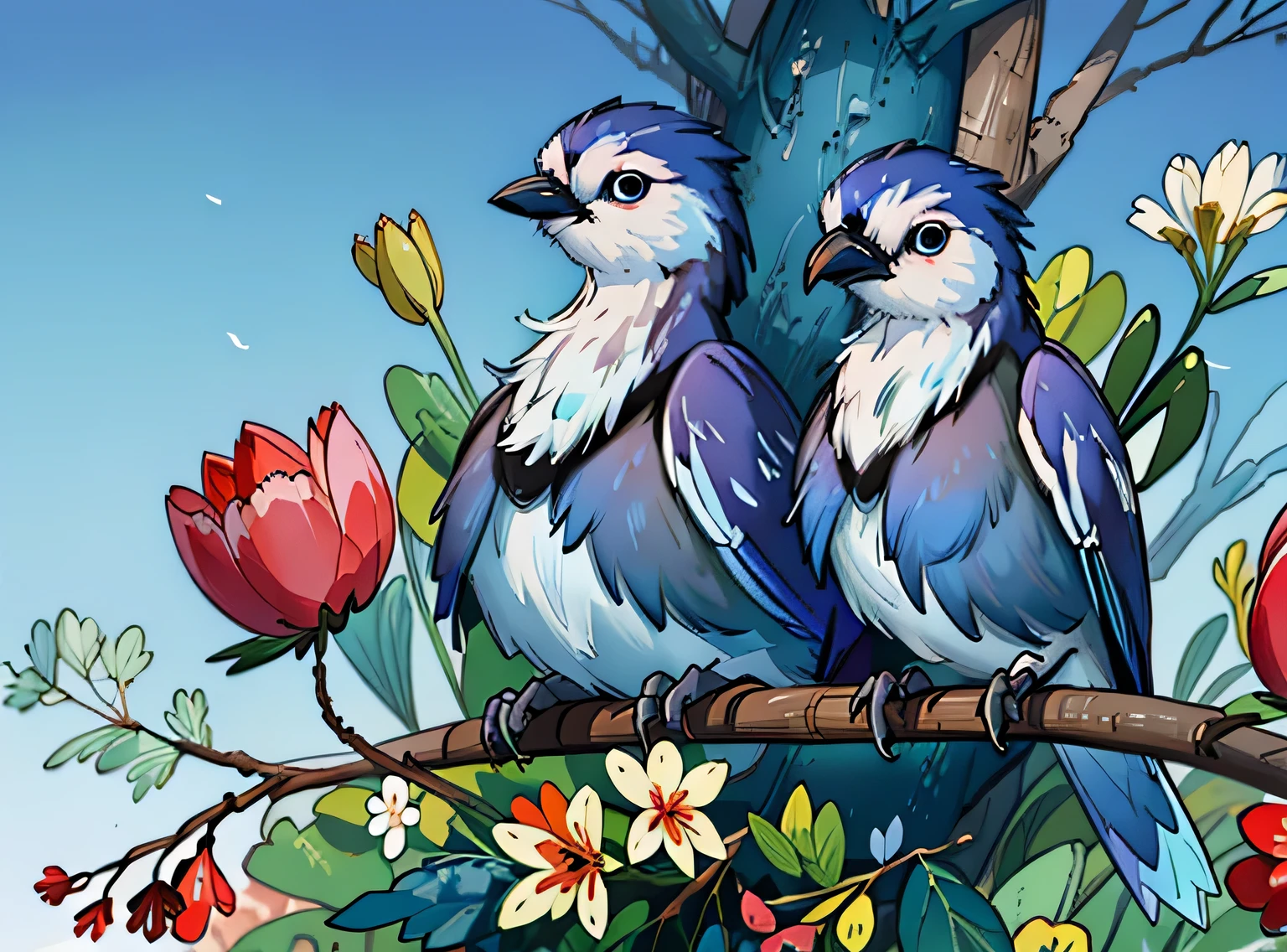 adorable blue jay in a tree covered in flowers, Greg Rutkowski, uau, Android Jones, Moinhos Russ, James Jean, Sui Ishida, Edwin Landseer, Eduardo Paolozzi, Polychromatic, ultra_detalhado, ultra_qualidade, sociedade cg, intricately detalhado, profundidade de cor, perfect composition, adorable blue jay in a tree covered in flowers