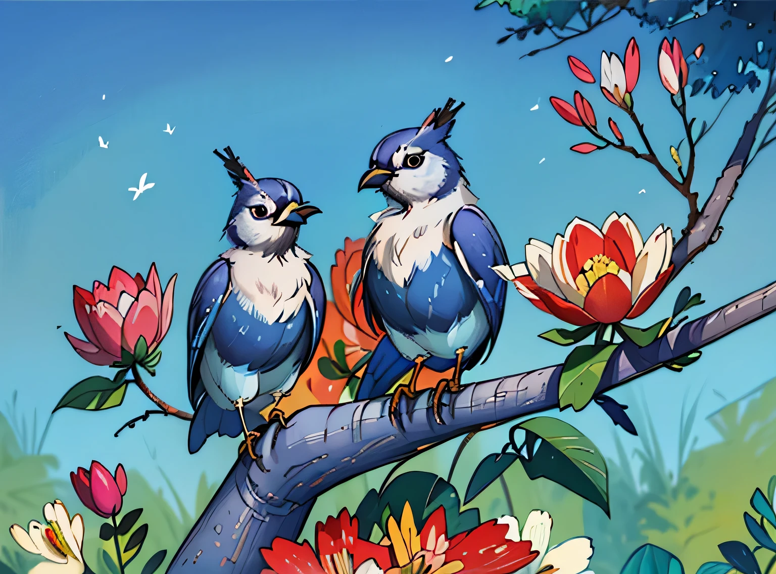 adorable blue jay in a tree covered in flowers, Greg Rutkowski, uau, Android Jones, Moinhos Russ, James Jean, Sui Ishida, Edwin Landseer, Eduardo Paolozzi, Polychromatic, ultra_detalhado, ultra_qualidade, sociedade cg, intricately detalhado, profundidade de cor, perfect composition, adorable blue jay in a tree covered in flowers