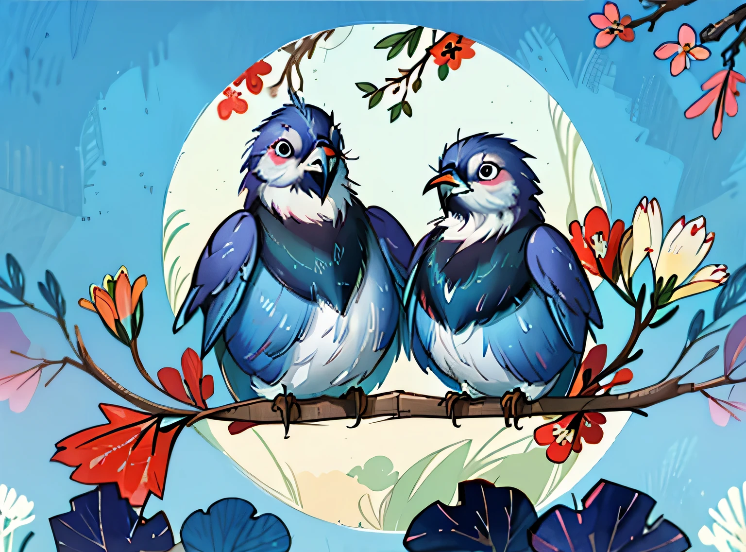 adorable blue jay in a tree covered in flowers, Greg Rutkowski, uau, Android Jones, Moinhos Russ, James Jean, Sui Ishida, Edwin Landseer, Eduardo Paolozzi, Polychromatic, ultra_detalhado, ultra_qualidade, sociedade cg, intricately detalhado, profundidade de cor, perfect composition, adorable blue jay in a tree covered in flowers