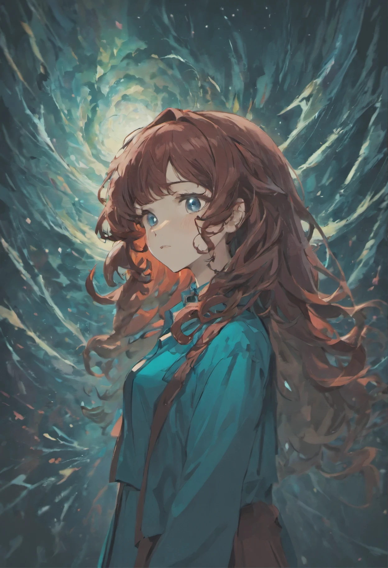 there is a woman with long curly hair and a blue shirt, with long curly hair, long dark curly hair, with curly red hair, thick red lips, curly dark hair, curly hair, curly haired, curly, long curly hair, with long curly, curly long hair, with haunted eyes and curly hair, red curly hair, long messy curly hair, brown curly hair