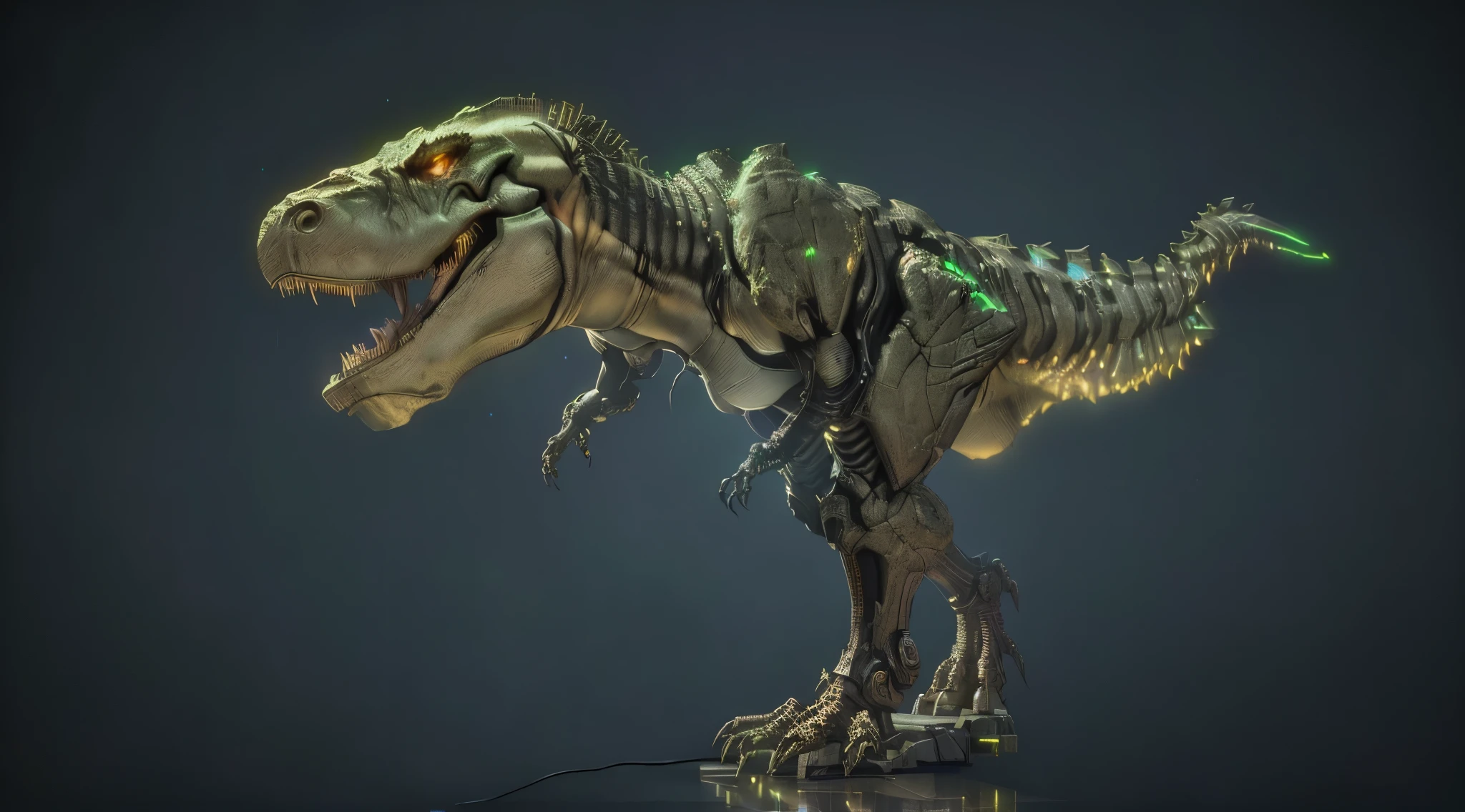 Cyberpunk, Mechanical Tyrannosaurus Rex,(Dreamy Glow:1.5), Luminous neon lamp, ( Global illumination, raytracing, HDR, unreal render,reasonable design, high detailed, masterpiece, best quality, UHD, Cinematic Lighting),