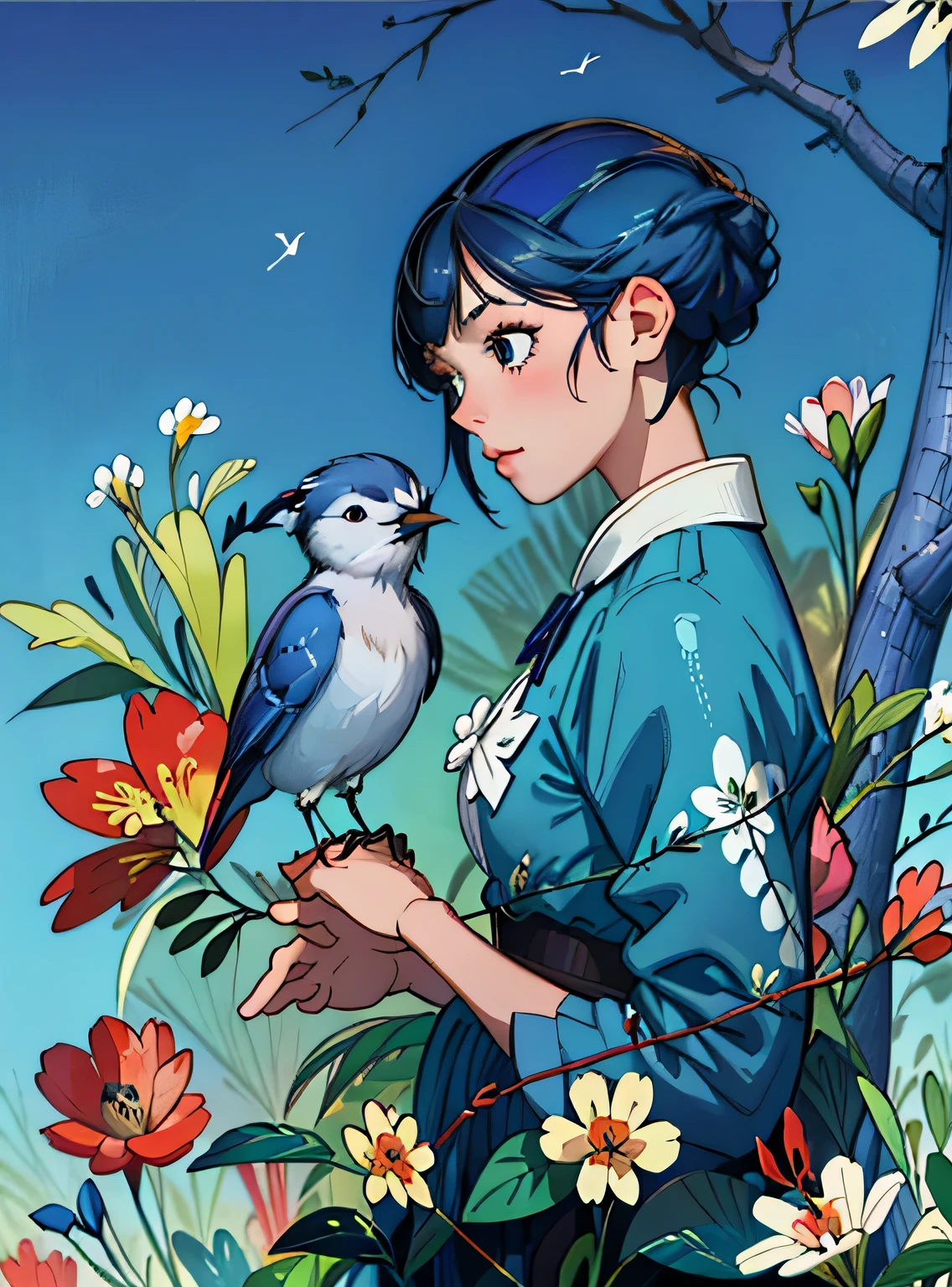 adorable blue jay in a tree covered in flowers, Greg Rutkowski, uau, Android Jones, Moinhos Russ, James Jean, Sui Ishida, Edwin Landseer, Eduardo Paolozzi, Polychromatic, ultra_detalhado, ultra_qualidade, sociedade cg, intricately detalhado, profundidade de cor, perfect composition, adorable blue jay in a tree covered in flowers