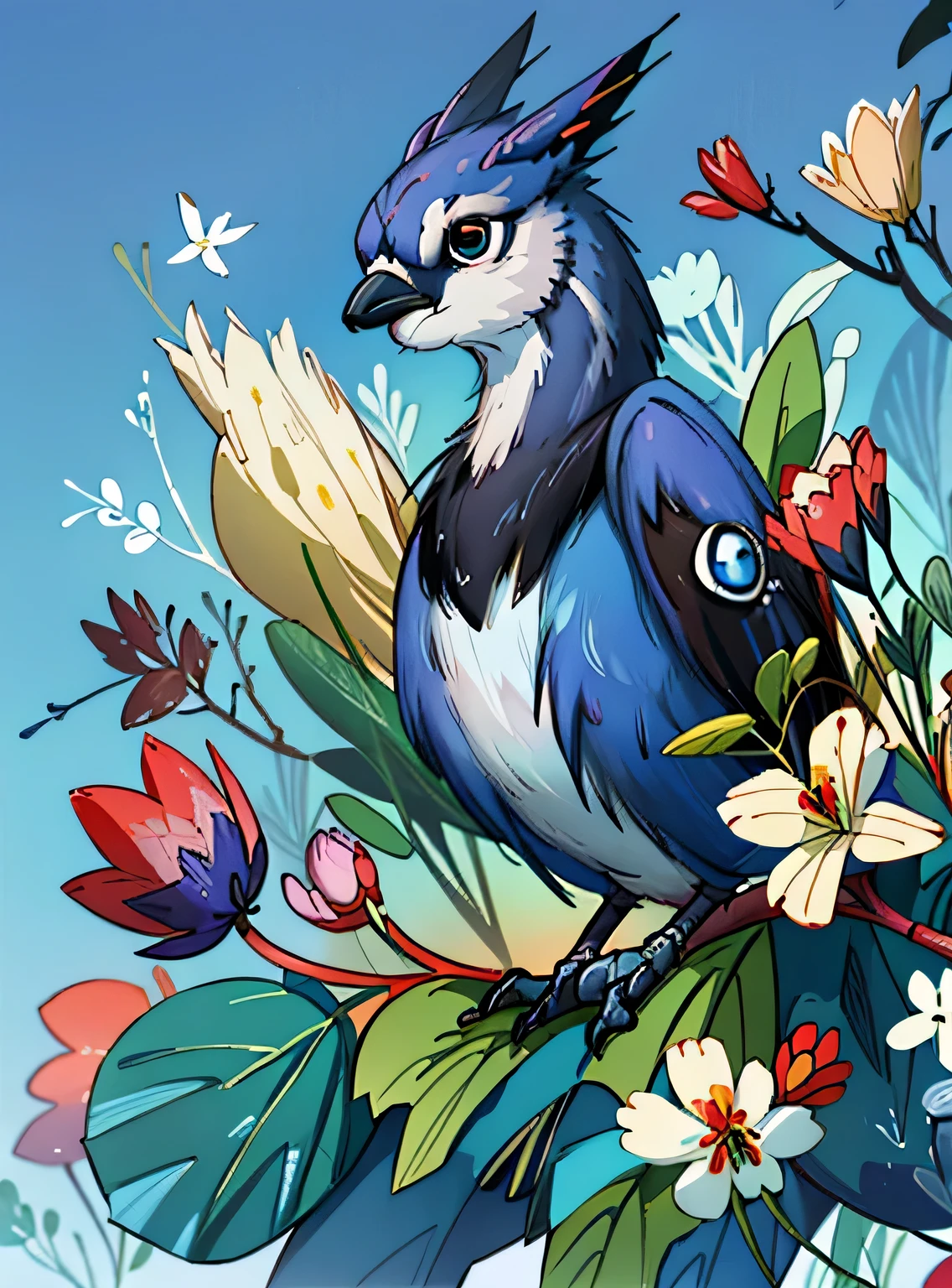 adorable blue jay in a tree covered in flowers, Greg Rutkowski, uau, Android Jones, Moinhos Russ, James Jean, Sui Ishida, Edwin Landseer, Eduardo Paolozzi, Polychromatic, ultra_detalhado, ultra_qualidade, sociedade cg, intricately detalhado, profundidade de cor, perfect composition, adorable blue jay in a tree covered in flowers