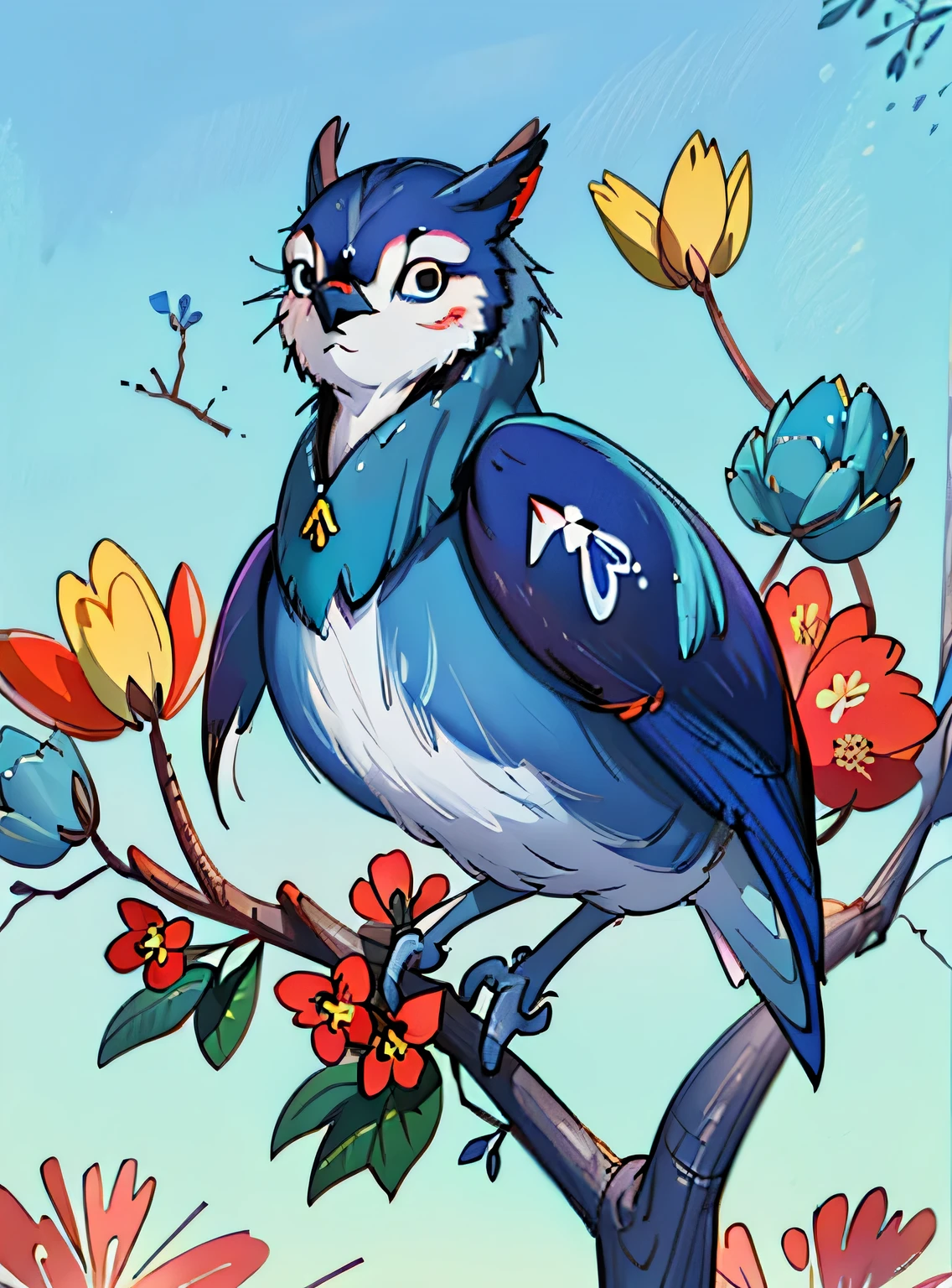 adorable blue jay in a tree covered in flowers, Greg Rutkowski, uau, Android Jones, Moinhos Russ, James Jean, Sui Ishida, Edwin Landseer, Eduardo Paolozzi, Polychromatic, ultra_detalhado, ultra_qualidade, sociedade cg, intricately detalhado, profundidade de cor, perfect composition, adorable blue jay in a tree covered in flowers