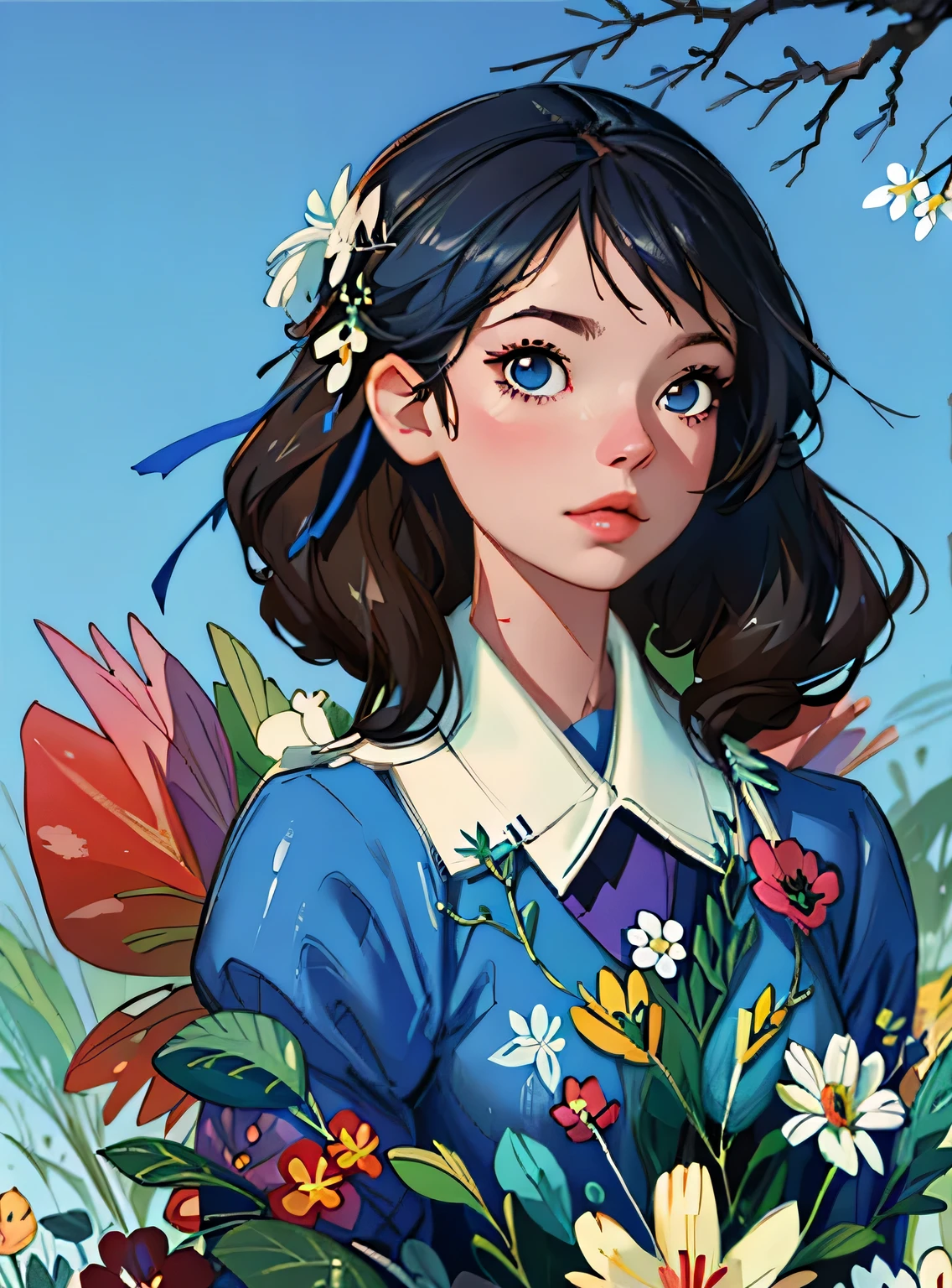 adorable blue jay in a tree covered in flowers, Greg Rutkowski, uau, Android Jones, Moinhos Russ, James Jean, Sui Ishida, Edwin Landseer, Eduardo Paolozzi, Polychromatic, ultra_detalhado, ultra_qualidade, sociedade cg, intricately detalhado, profundidade de cor, perfect composition, adorable blue jay in a tree covered in flowers