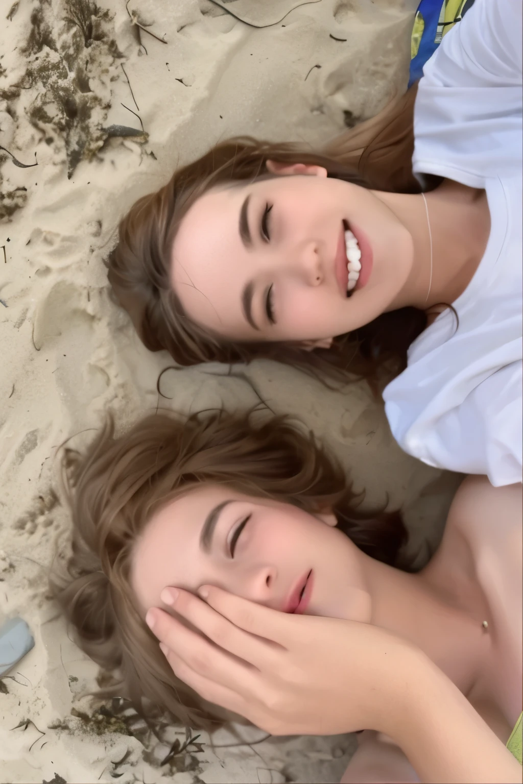 two women laying en la arena with their hands on their face, laying en una playa, foto de perfilture, en una playa, ellos son hermanos, tendido en la arena, tumbado en la playa, acostado sobre su espalda, en la playa, tirado en el suelo, vibraciones molestas de hermana, foto de perfil, foto de playa, en la arena, en la playa, en la playa