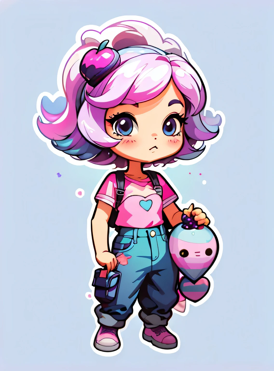 1 adesivo, manual, (uma garota estilosa, modelo, Top rosa, fresco e fresco), fundo roxo e azul, fundo simples, minimum, uva, mirtilo, Bonitinho, pequeno, cor pastel, estilo vetorial, sem gradiente,