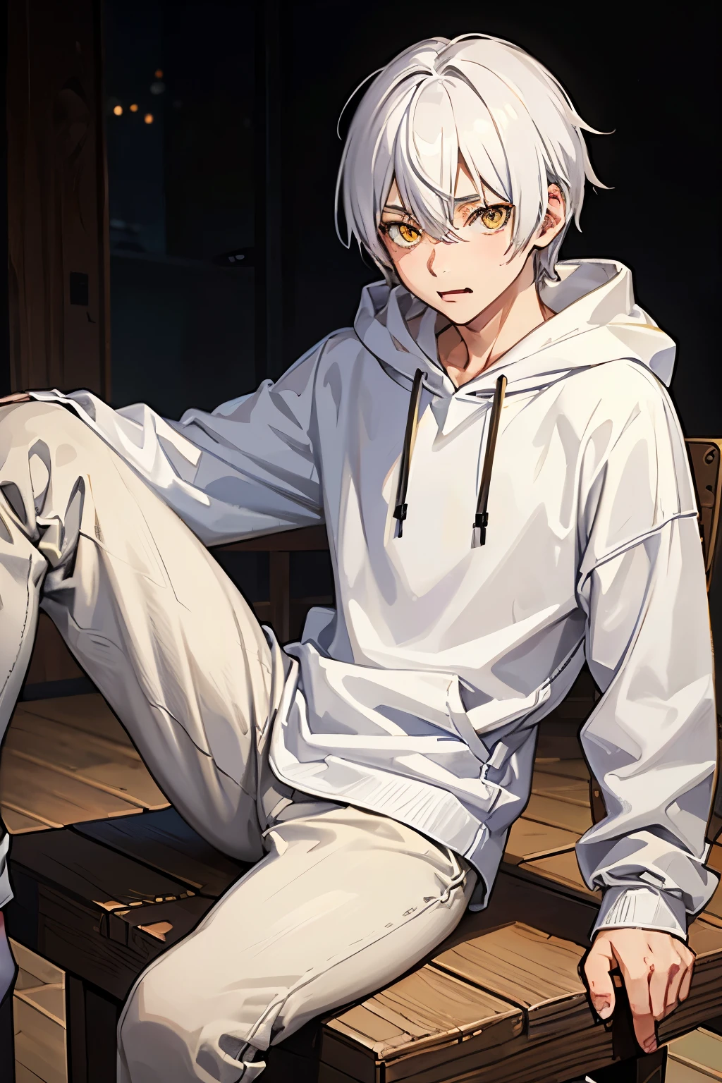 realistic anime, young boy teen with white hair, yellow eyes, wearing a hoodies, sitting on a wooden chair With a naughty expression By sticking out your tongue, 4k quality, realistic, HD quality 