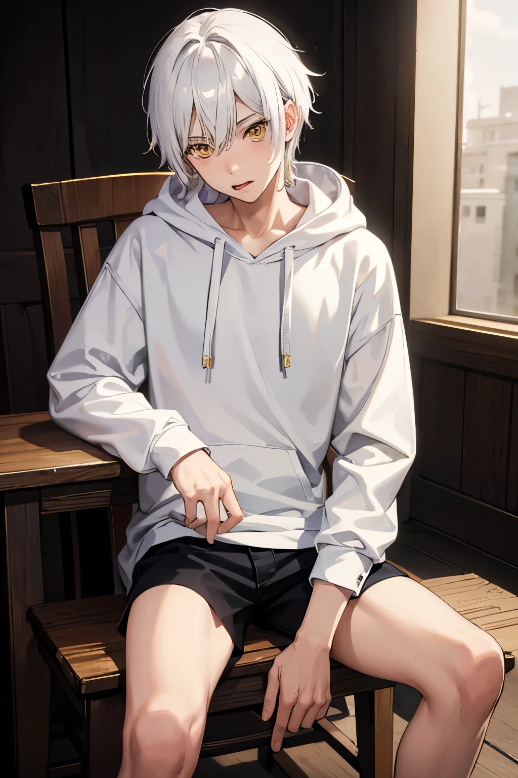 realistic anime, young boy teen with white hair, yellow eyes, wearing a hoodies, sitting on a wooden chair With a naughty expression By sticking out your tongue, 4k quality, realistic, HD quality