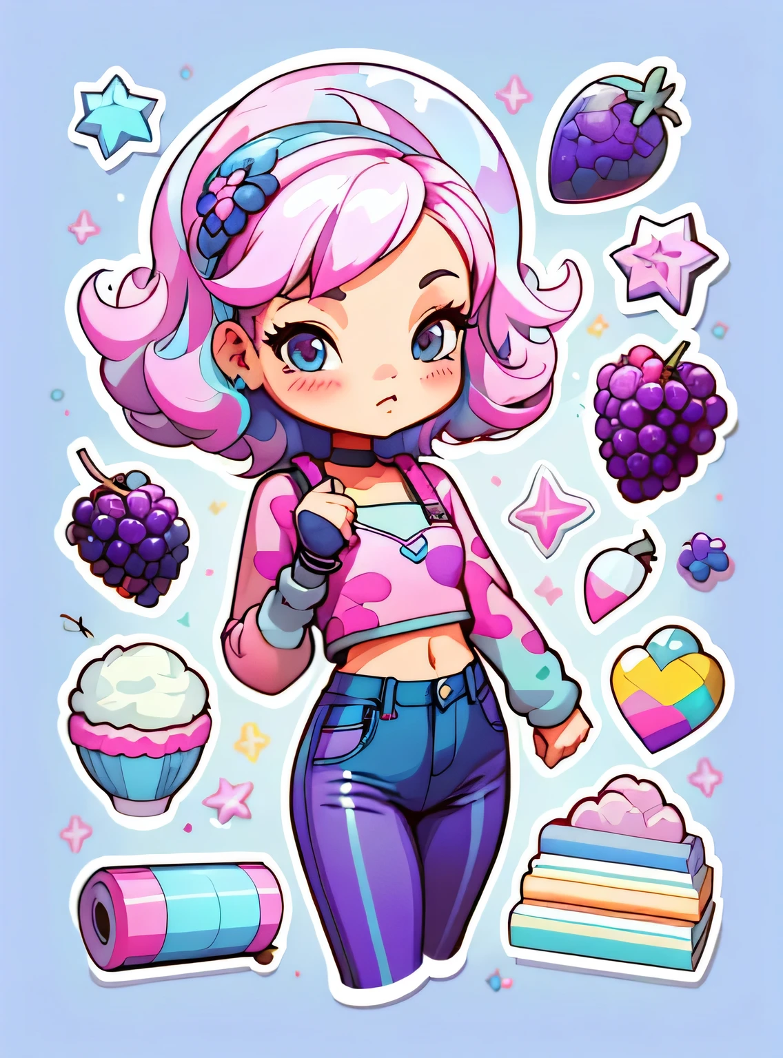 1 adesivo, manual, (uma garota estilosa, modelo, Top rosa, fresco e fresco), fundo roxo e azul, fundo simples, minimum, uva, mirtilo, Bonitinho, pequeno, cor pastel, estilo vetorial, sem gradiente,