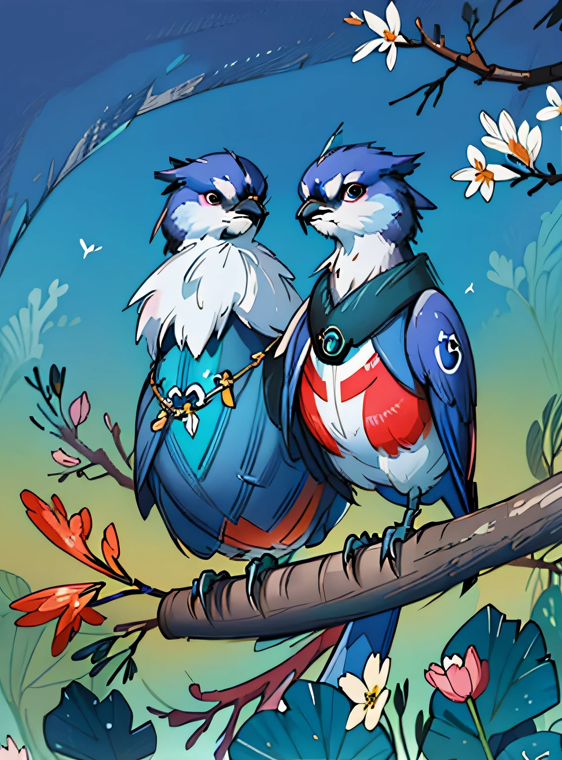 adorable blue jay in a tree covered in flowers, Greg Rutkowski, uau, Android Jones, Moinhos Russ, James Jean, Sui Ishida, Edwin Landseer, Eduardo Paolozzi, Polychromatic, ultra_detalhado, ultra_qualidade, sociedade cg, intricately detalhado, profundidade de cor, perfect composition, adorable blue jay in a tree covered in flowers