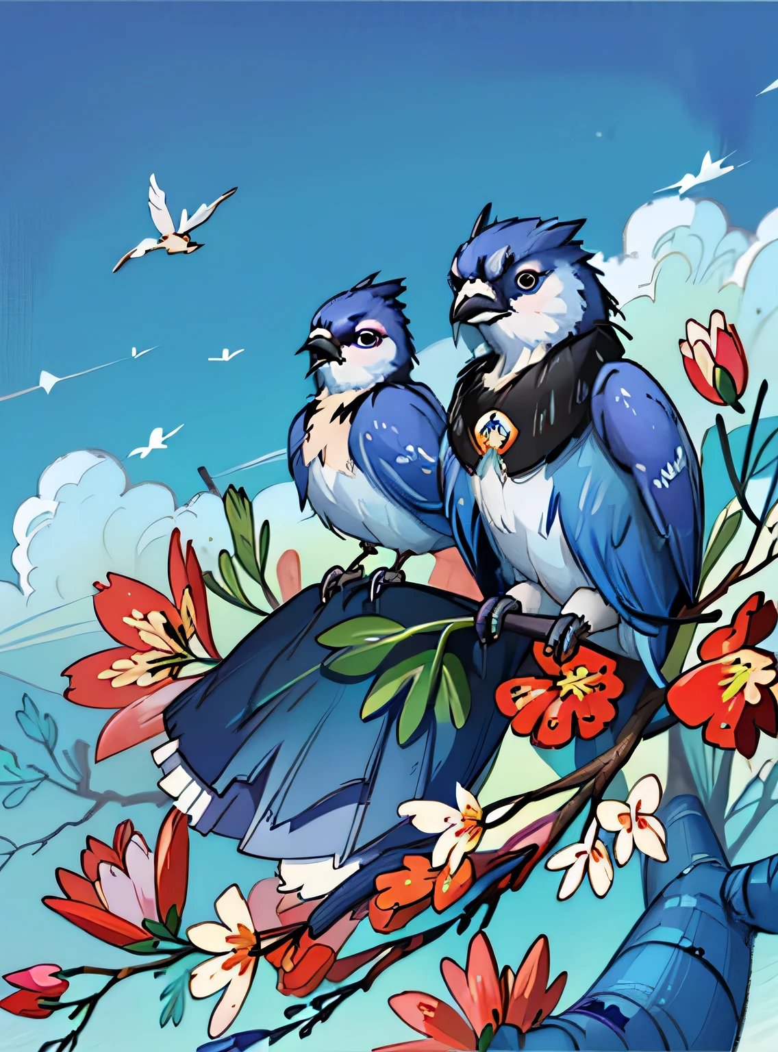 adorable blue jay in a tree covered in flowers, Greg Rutkowski, uau, Android Jones, Moinhos Russ, James Jean, Sui Ishida, Edwin Landseer, Eduardo Paolozzi, Polychromatic, ultra_detalhado, ultra_qualidade, sociedade cg, intricately detalhado, profundidade de cor, perfect composition, adorable blue jay in a tree covered in flowers