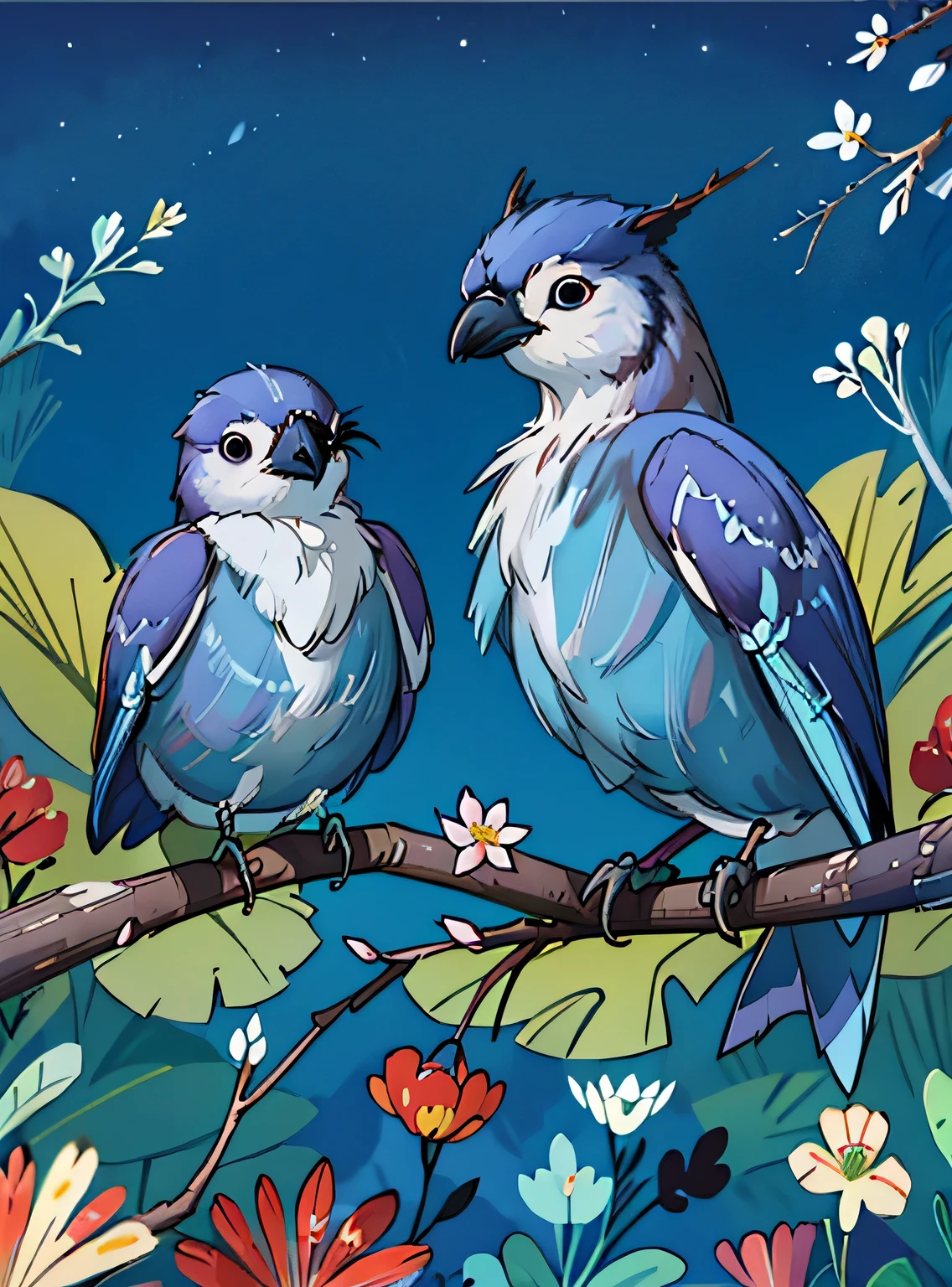 adorable blue jay in a tree covered in flowers, Greg Rutkowski, uau, Android Jones, Moinhos Russ, James Jean, Sui Ishida, Edwin Landseer, Eduardo Paolozzi, Polychromatic, ultra_detalhado, ultra_qualidade, sociedade cg, intricately detalhado, profundidade de cor, perfect composition, adorable blue jay in a tree covered in flowers