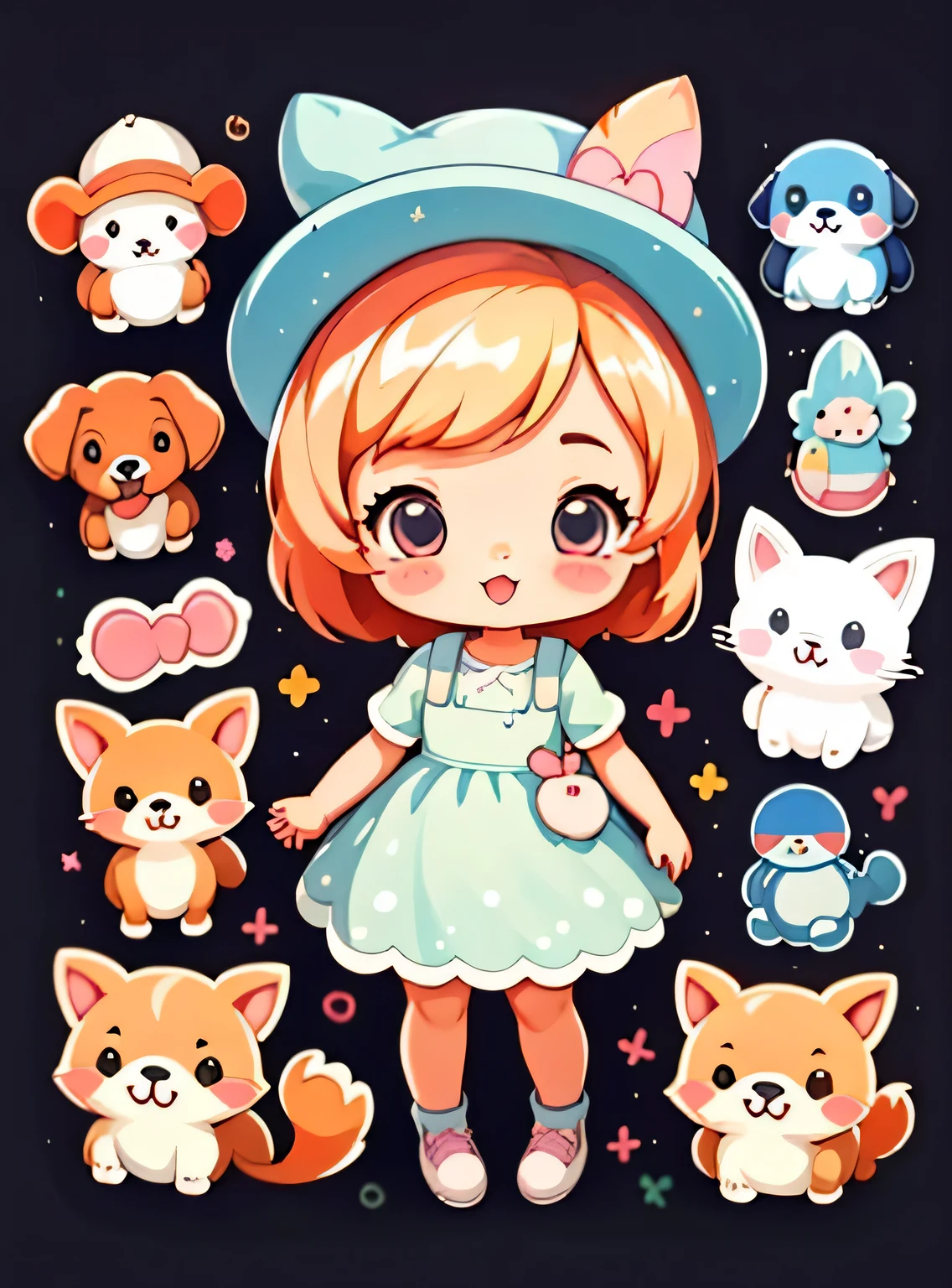 um adesivo,1 ,adorable,kawaii,adorable,fundo simples chibi,Use um vestido bonito,with a hat,Liderando um filhote de cachorro bonito