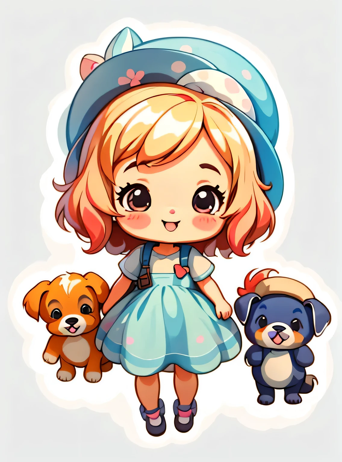 um adesivo，1 ，adorable，kawaii，adorable，fundo simples chibi，Use um vestido bonito，with a hat，Liderando um filhote de cachorro bonito