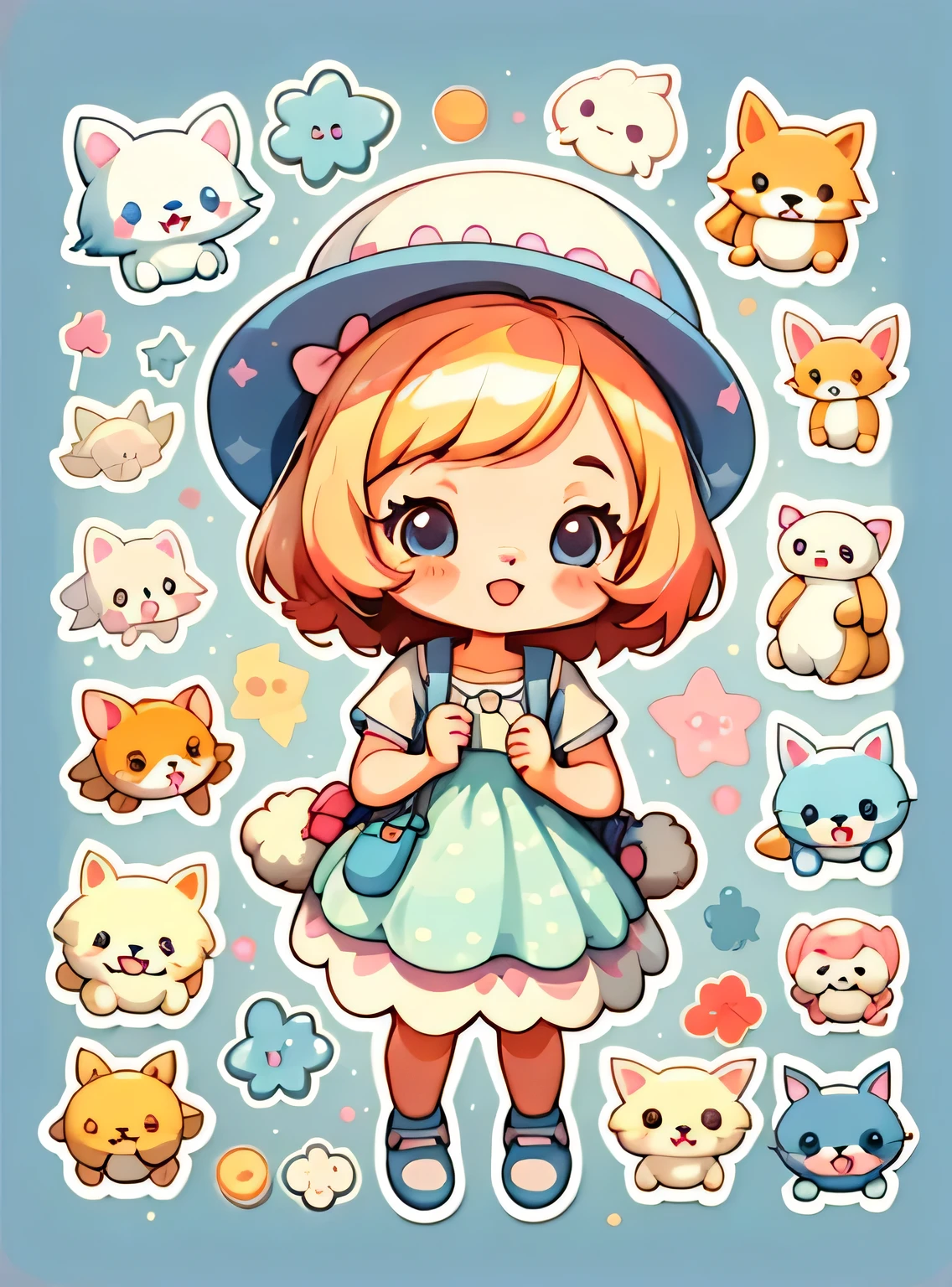 um adesivo,1 ,adorable,kawaii,adorable,fundo simples chibi,Use um vestido bonito,with a hat,Liderando um filhote de cachorro bonito