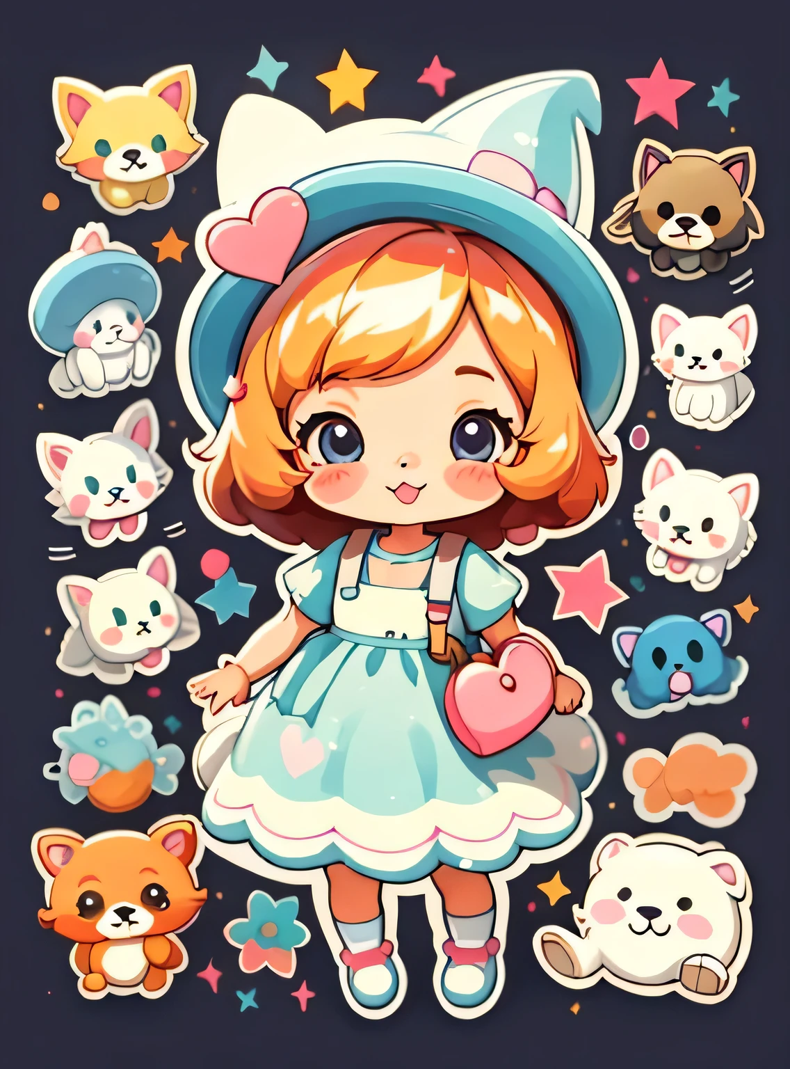um adesivo,1 ,adorable,kawaii,adorable,fundo simples chibi,Use um vestido bonito,with a hat,Liderando um filhote de cachorro bonito