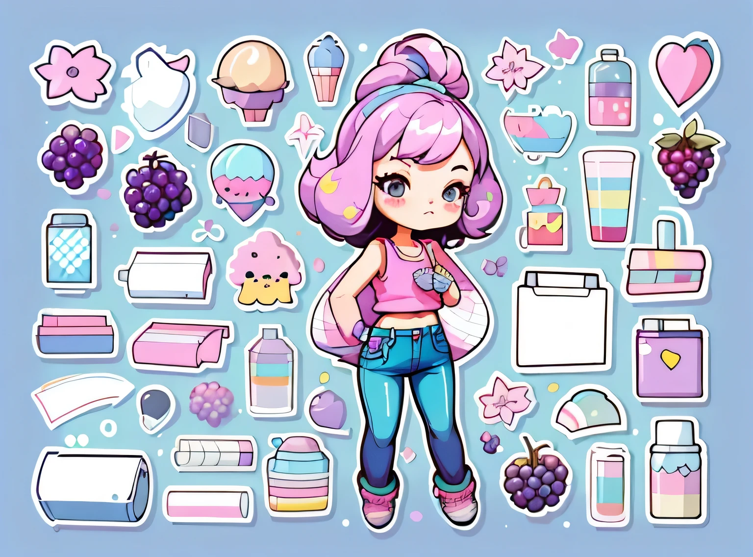 1 adesivo, manual, (uma garota estilosa, modelo, Top rosa, fresco e fresco), fundo roxo e azul, fundo simples, minimum, uva, mirtilo, Bonitinho, pequeno, cor pastel, estilo vetorial, sem gradiente,